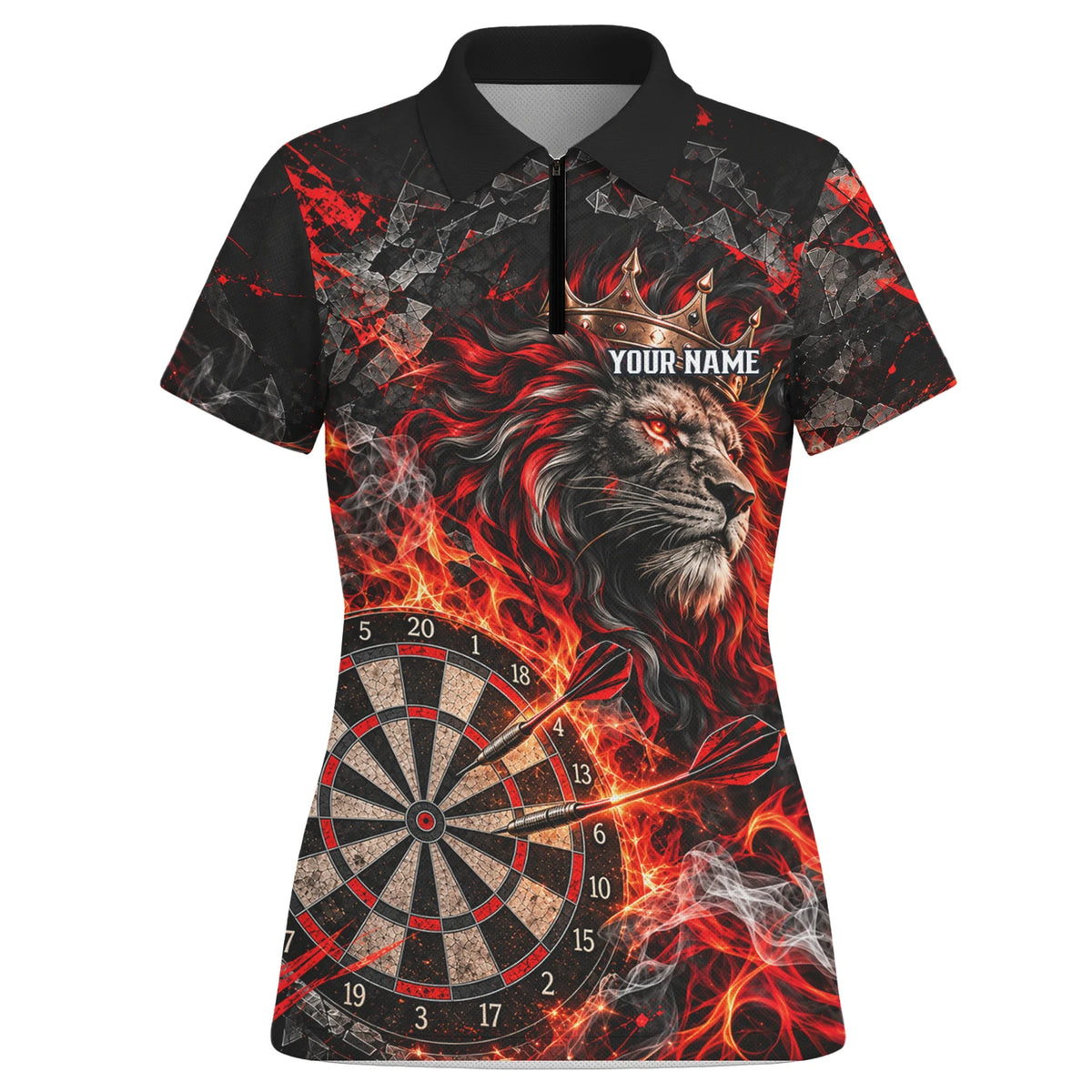 Personalisiertes Dartshirt in Schwarz und Rot mit gekröntem Löwen, Flammen und Dartscheibe für Damen O5343