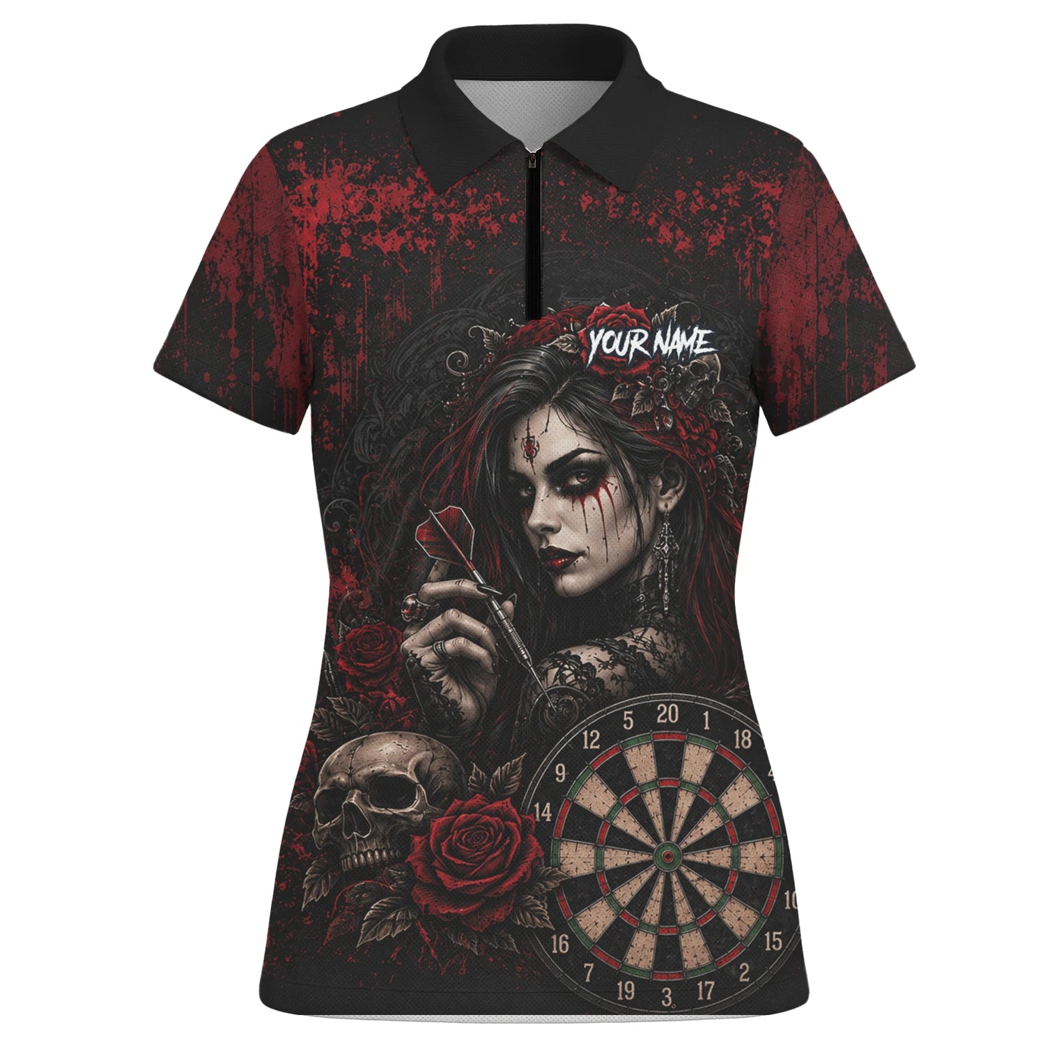 Personalisiertes Schwarz-rotes Gothic-Frauen-Totenkopf-Dartshirt für Damen W035