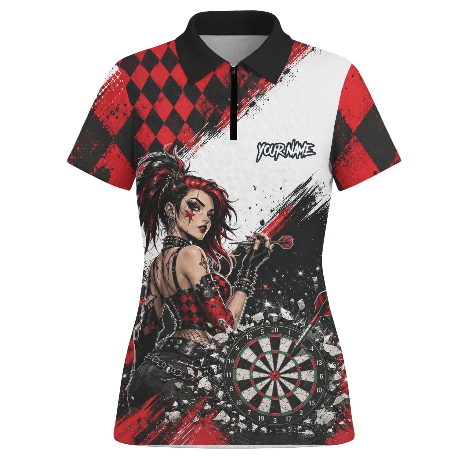 Personalisiertes Rot-schwarzes Gothic-Harlekin Dart Poloshirt für Damen K572