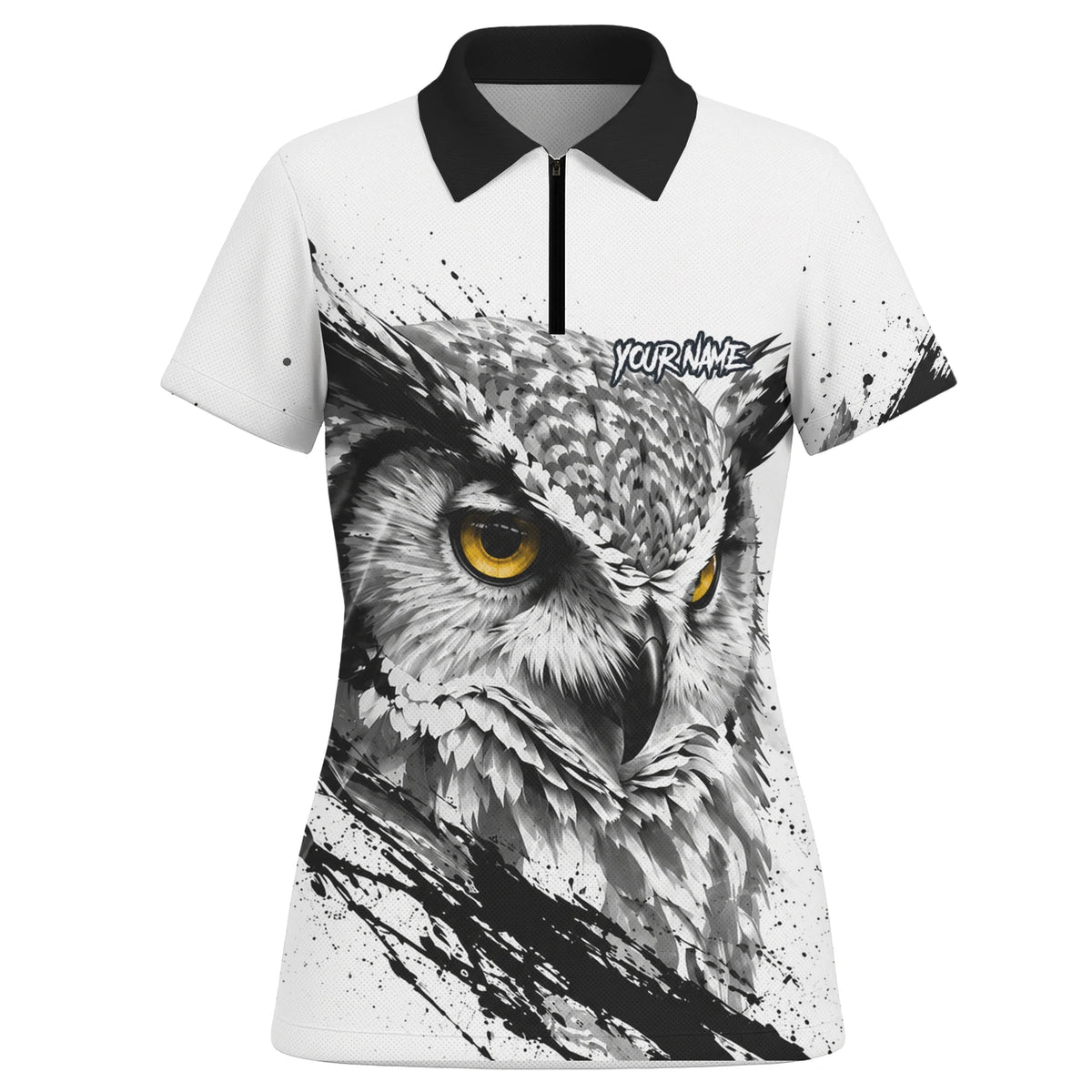 Personalisiertes Dartshirt mit weiß-schwarz-gelber Eule für Damen P128