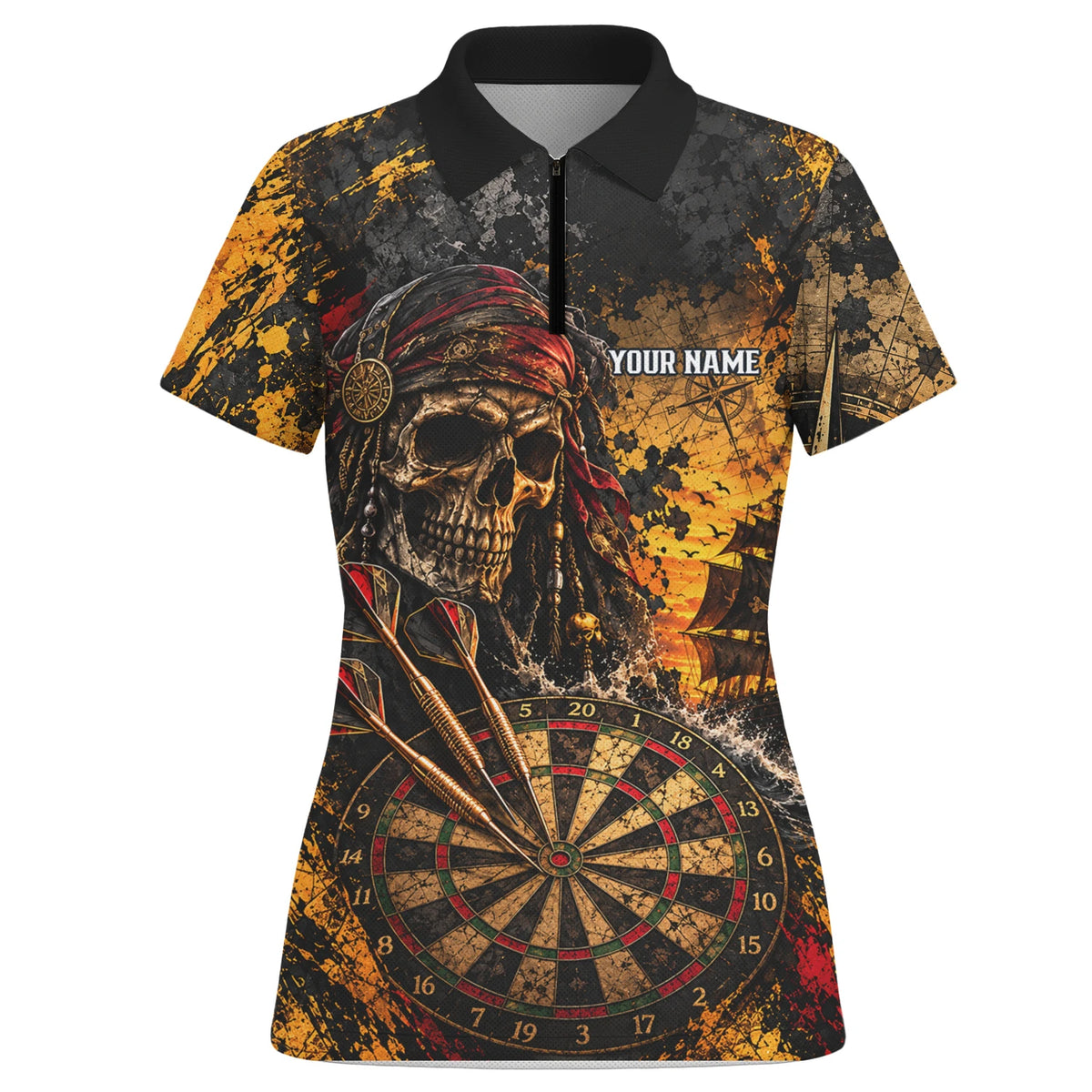 Personalisiertes Dartshirt in Schwarz und Gold mit Piraten-Totenkopf, Segelschiff und Dartscheibe für Damen N7943