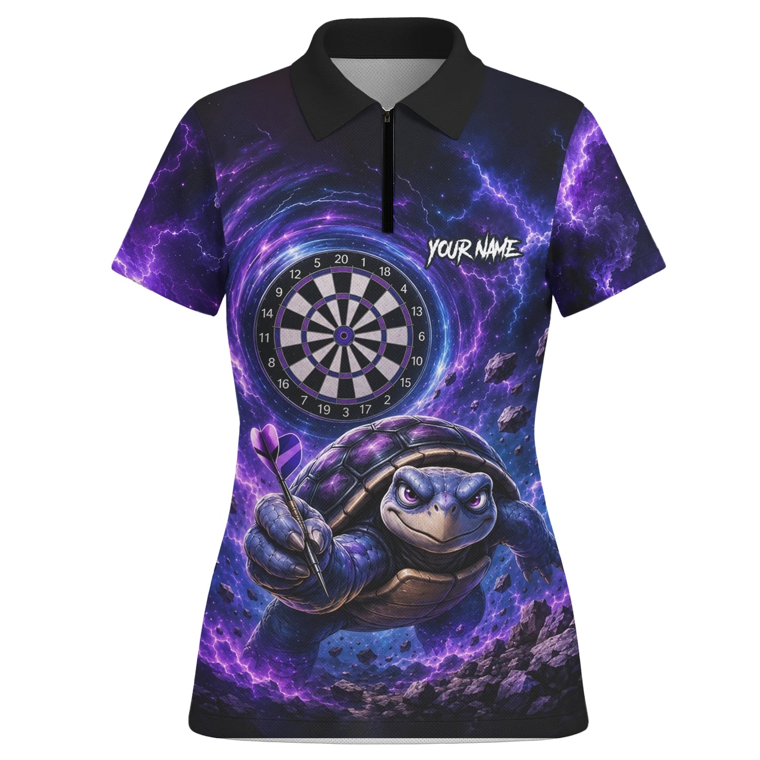 Personalisiertes Lila-schwarzes Schildkröten-Dartshirt für Damen F796