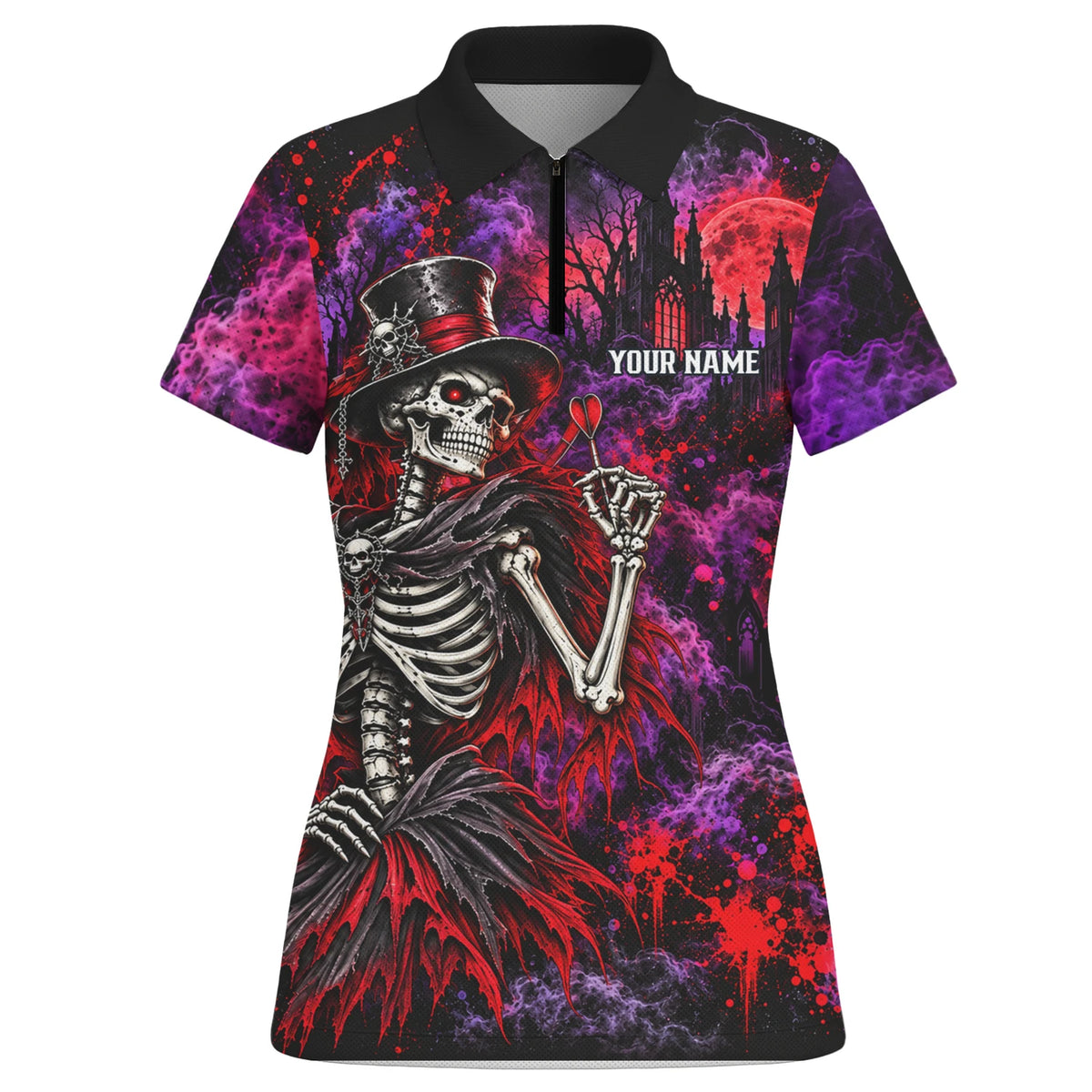 Personalisiertes Dartshirt in Schwarz, Rot und Lila mit Skelett, Zylinder und Dartscheibe für Damen P3058