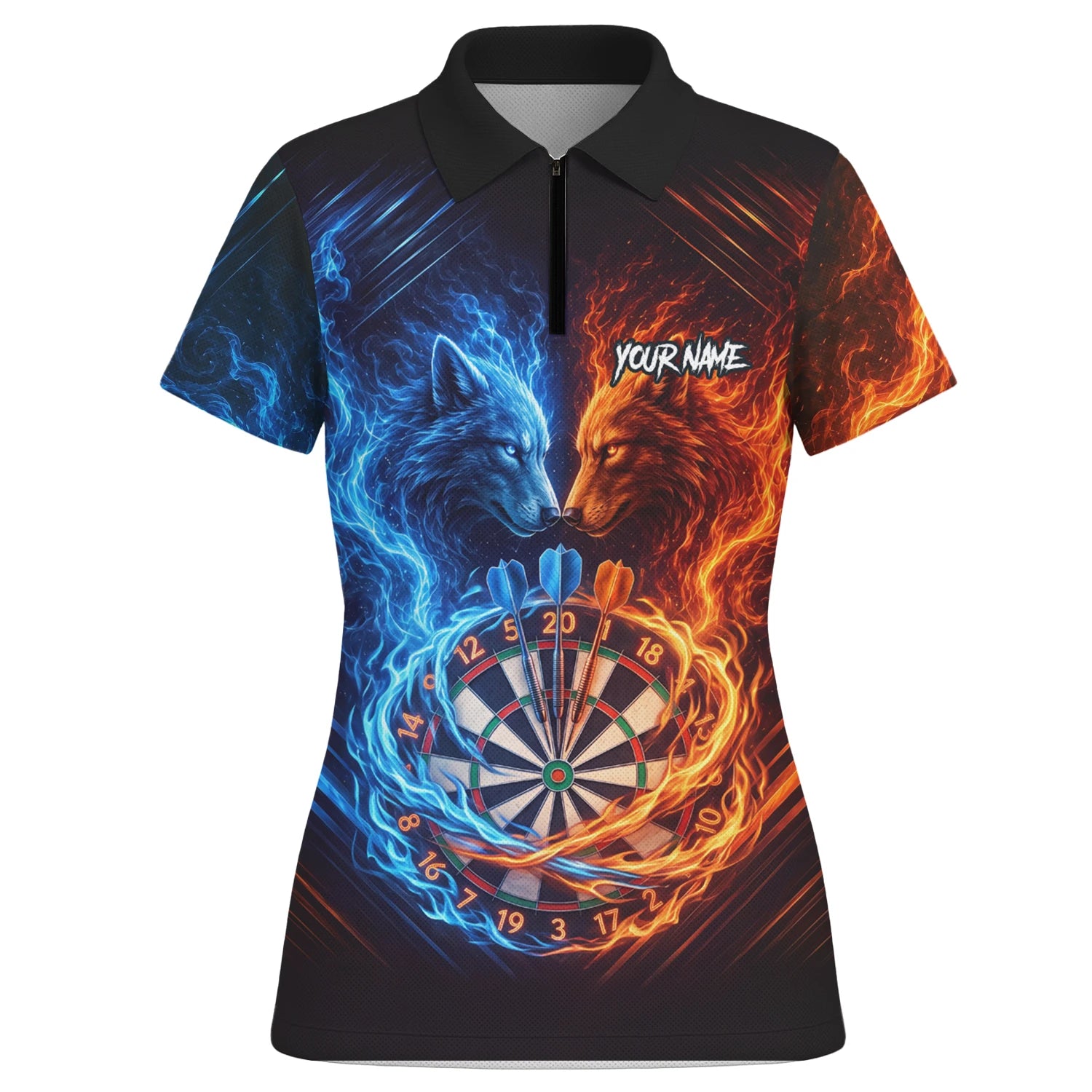 Personalisiertes Blau-oranges Wolf-Flammen-Dartboard Dartshirt für Damen A749