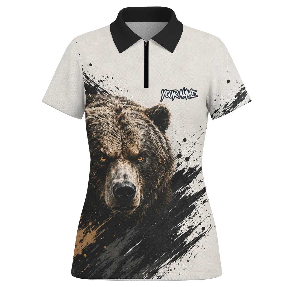 Personalisiertes Dartshirt mit weiß-schwarz-braunem Bären für Damen F926