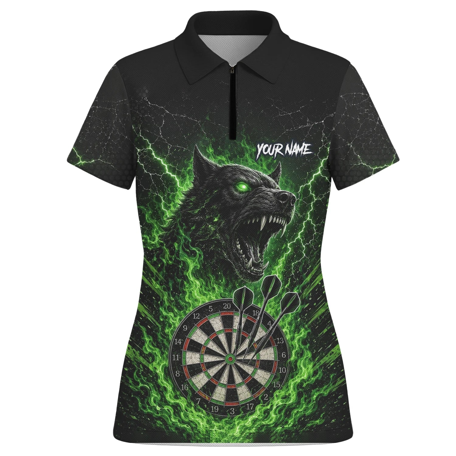 Personalisiertes Schwarz-grünes Wolf-Dartboard Dartshirt für Damen F303