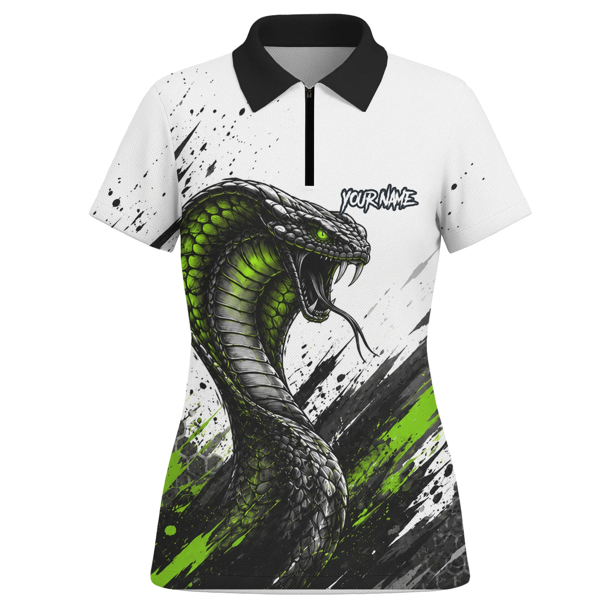 Personalisiertes Dartshirt mit weiß-schwarz-grüner Kobra für Damen Y070