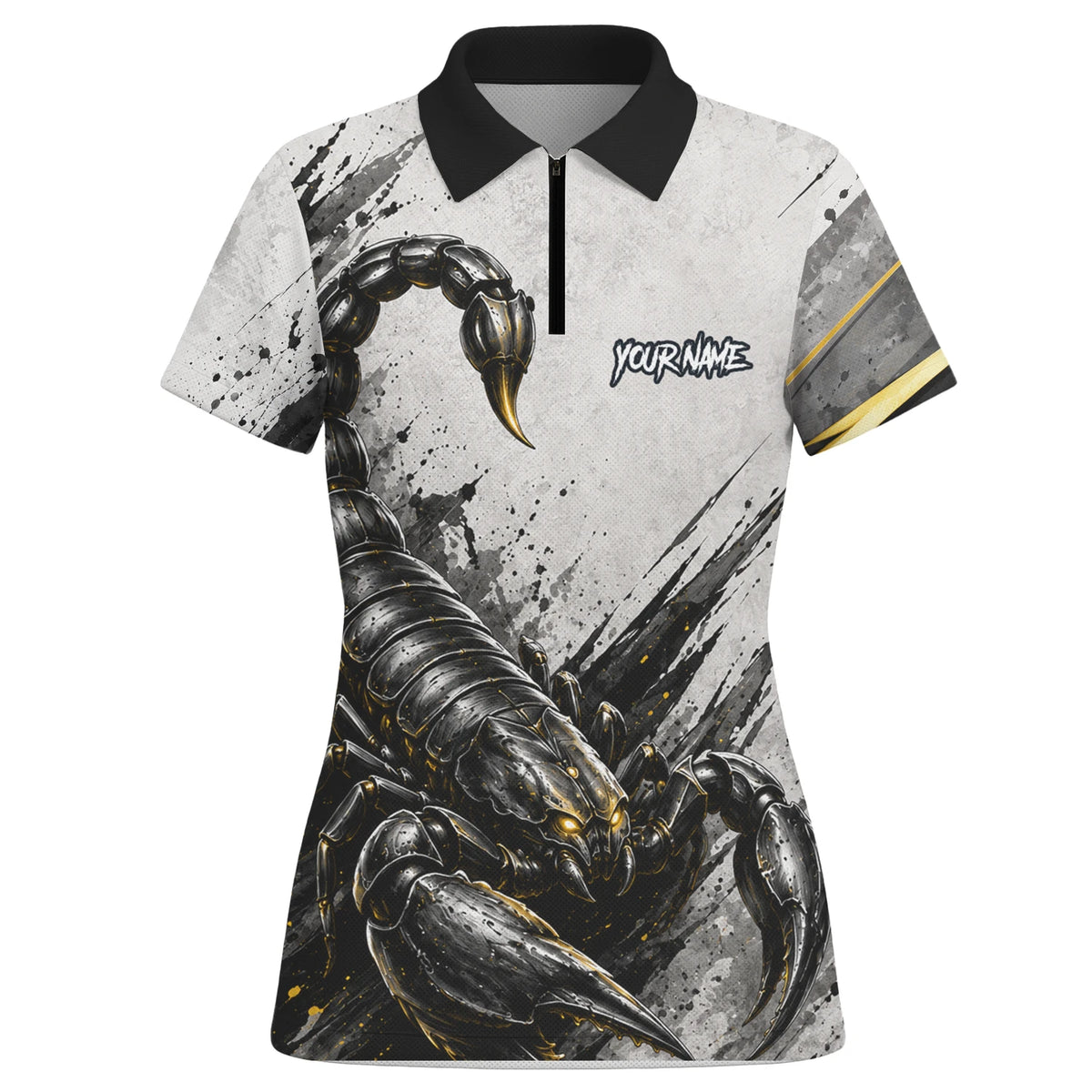 Personalisiertes Dartshirt mit weiß-schwarz-goldenem Skorpion für Damen S226