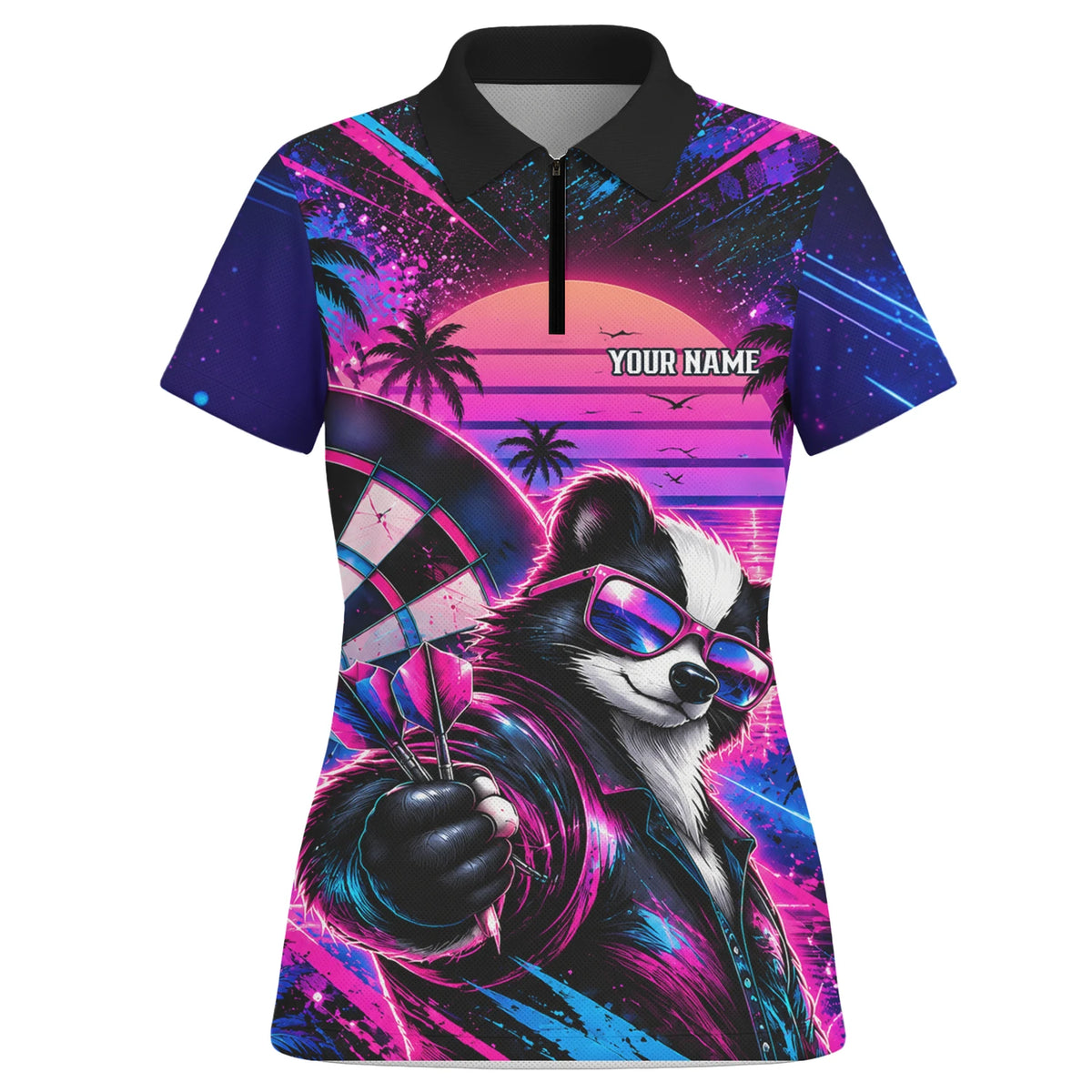 Personalisiertes Dartshirt in Pink, Lila und Blau mit Neon-Waschbären, Palmen, Sonnenuntergang und Dartscheibe für Damen N5114