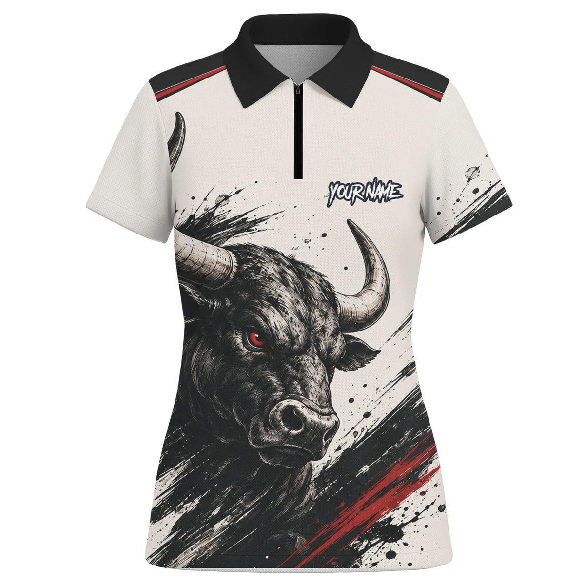 Personalisiertes Dartshirt mit weiß-schwarz-rotem Bullen für Damen H473