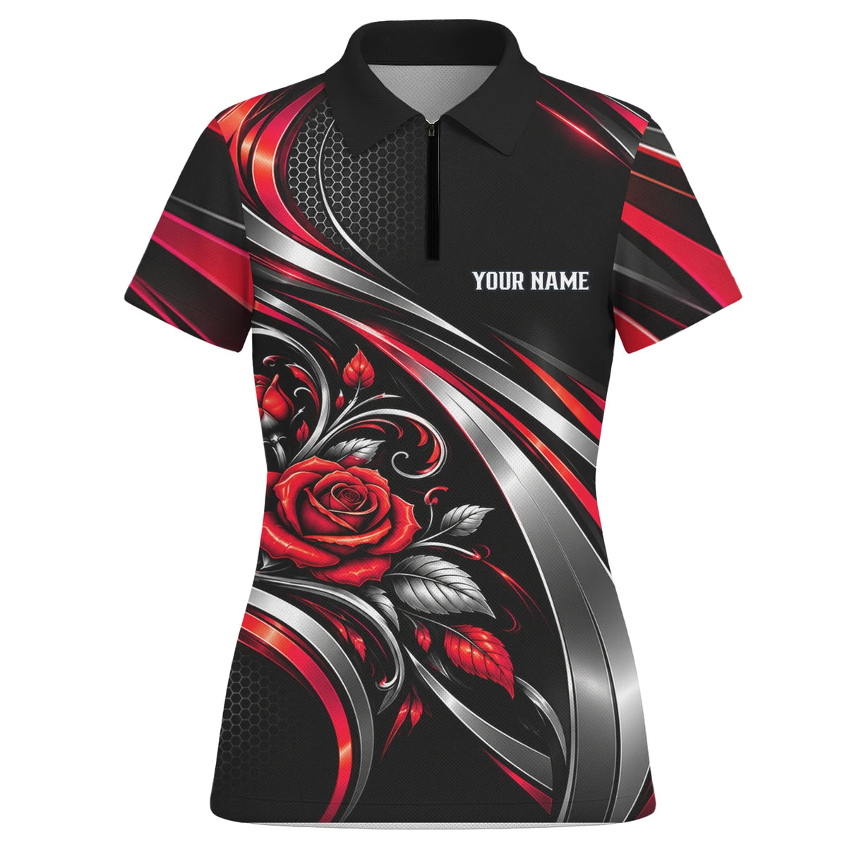 Personalisiertes Dartshirt in Schwarz, Rot und Silber mit Rosen, Flügeln und Dartscheibe für Damen Y2535