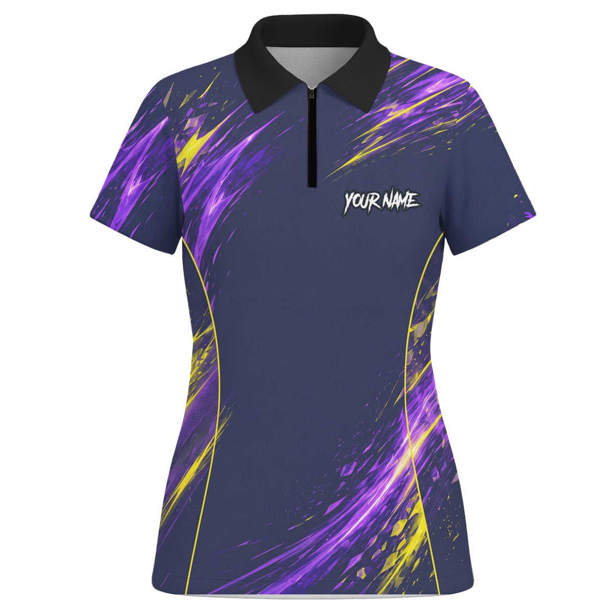 Personalisiertes Dartshirt mit dunkelblau-lila-gelbem abstraktem Design für Damen D517