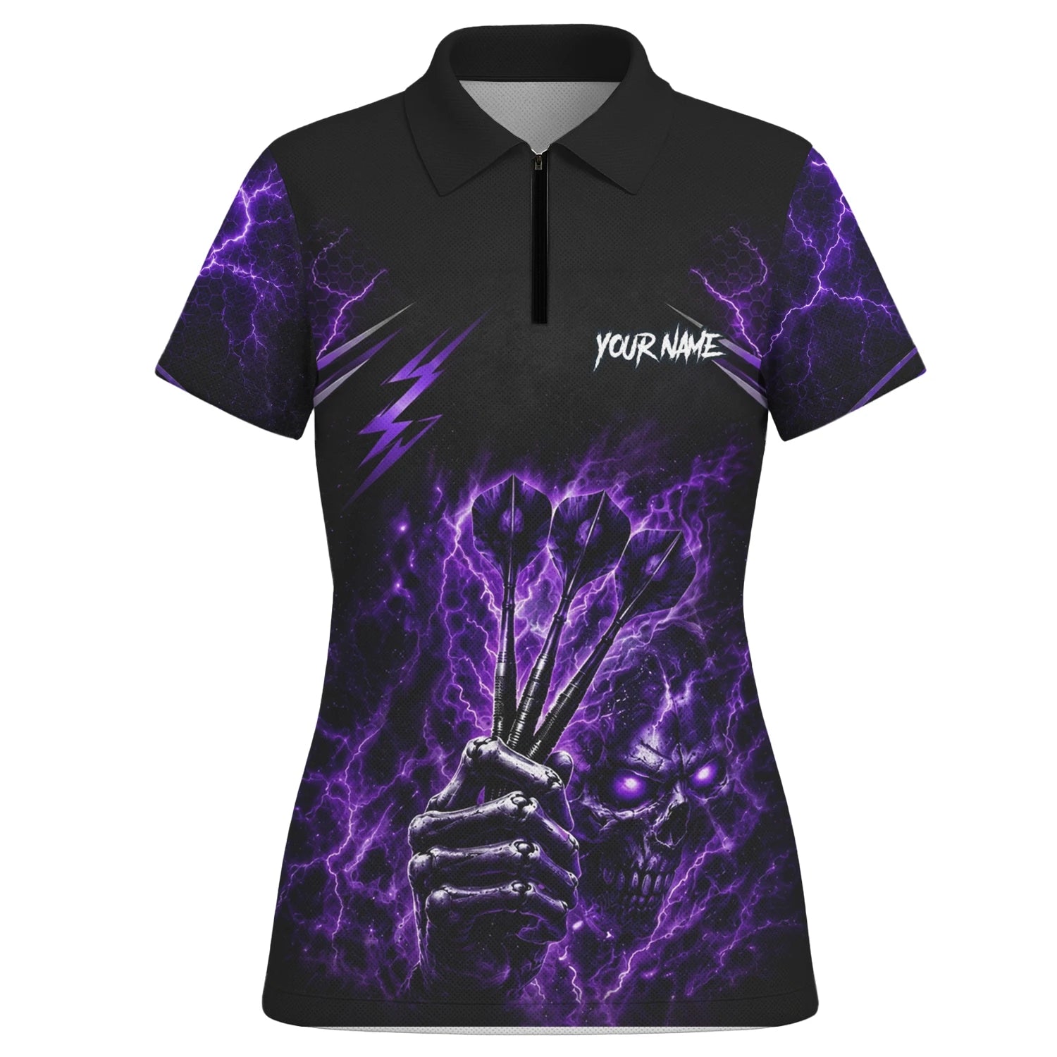Personalisiertes Schwarz-lila Skeletthand-Dartshirt für Damen H822
