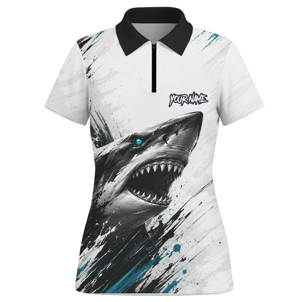 Personalisiertes Dartshirt mit weiß-schwarz-türkisem Hai für Damen D067
