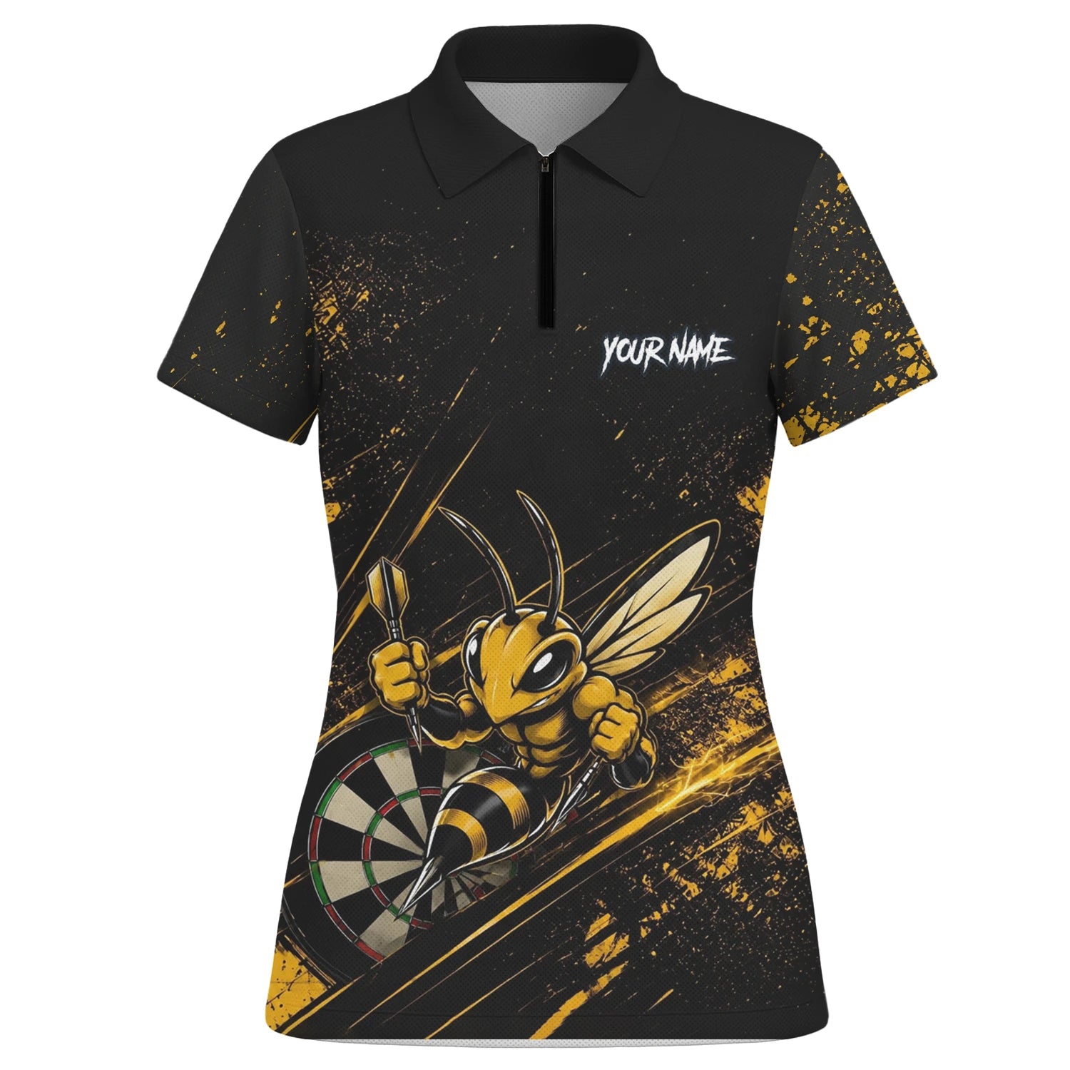 Personalisiertes Schwarz-goldenes Bienen-Dartboard Dartshirt für Damen L410