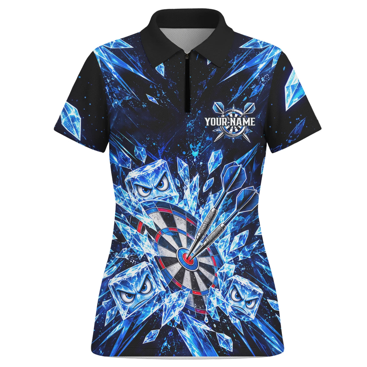 Personalisiertes Dartshirt in Schwarz und Blau mit Eiskristallen, Dartpfeilen und Dartscheibe für Damen X5114