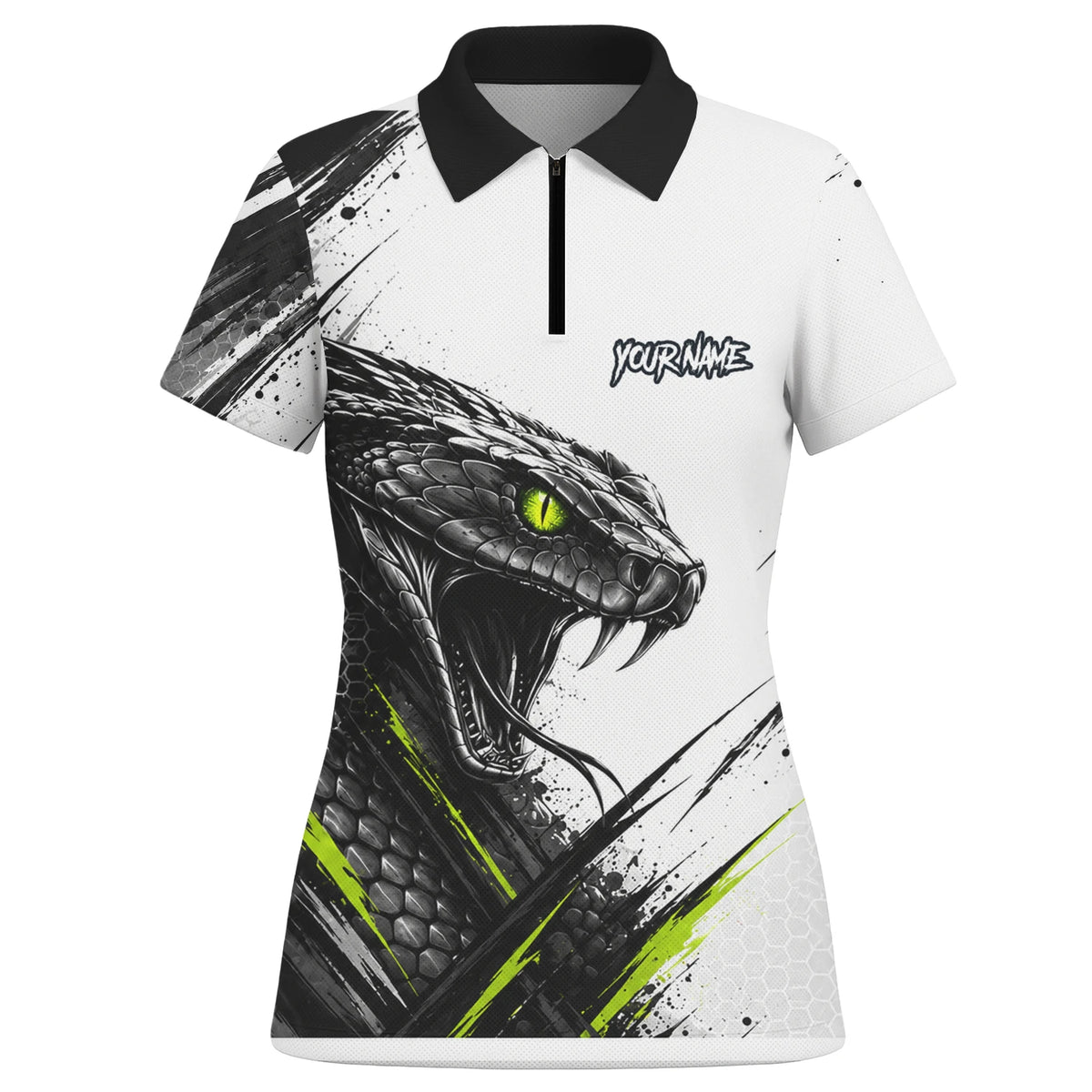 Personalisiertes Dartshirt mit weiß-schwarz-grüner Kobra für Damen I051