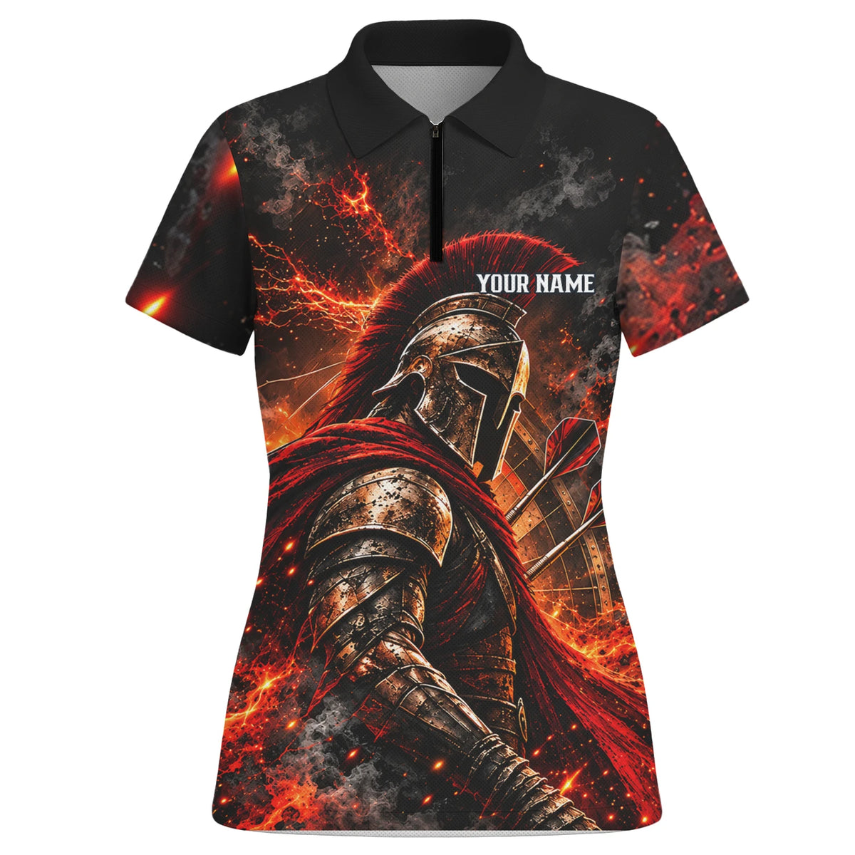 Personalisiertes Dartshirt in Schwarz, Rot und Orange mit Spartanerhelm, Flammen und Dartscheibe für Damen Z3444