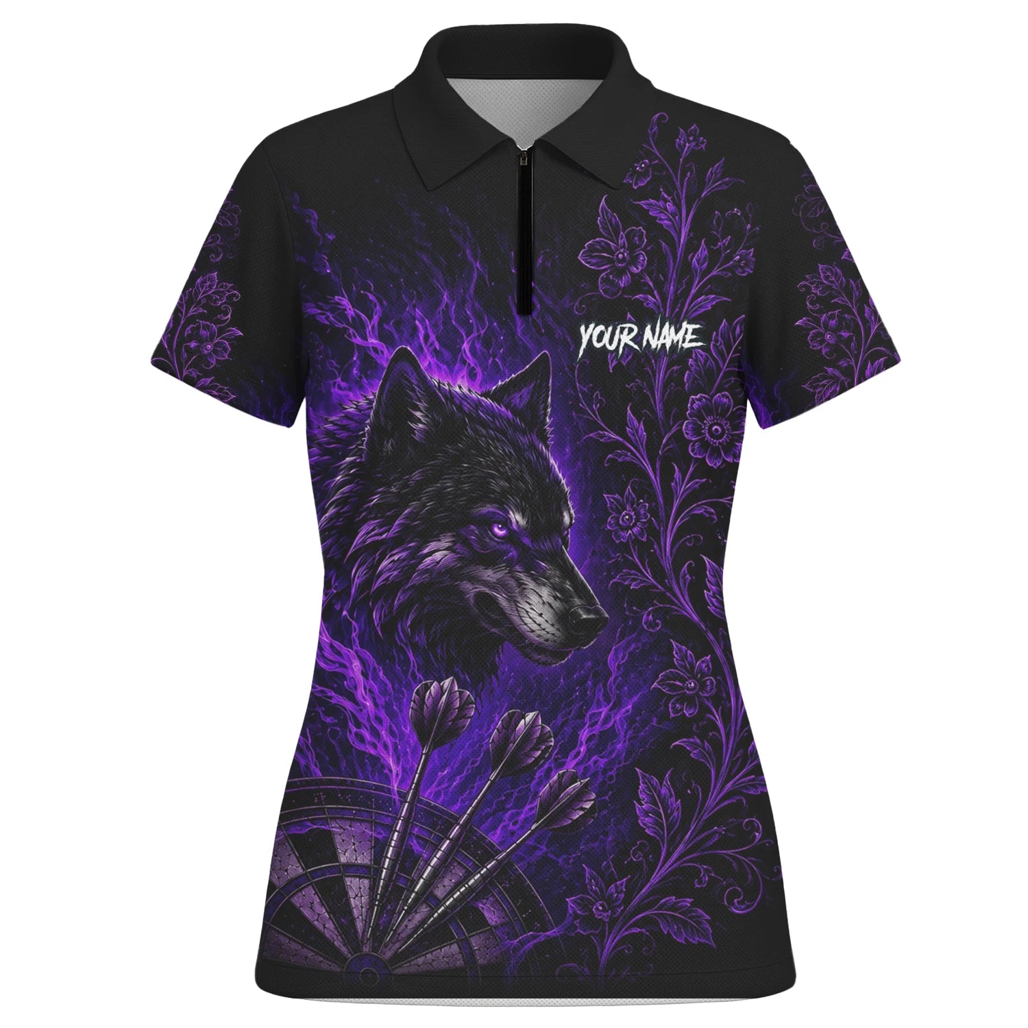 Personalisiertes Schwarz-lila Wolf-Dartboard Dartshirt für Damen J133