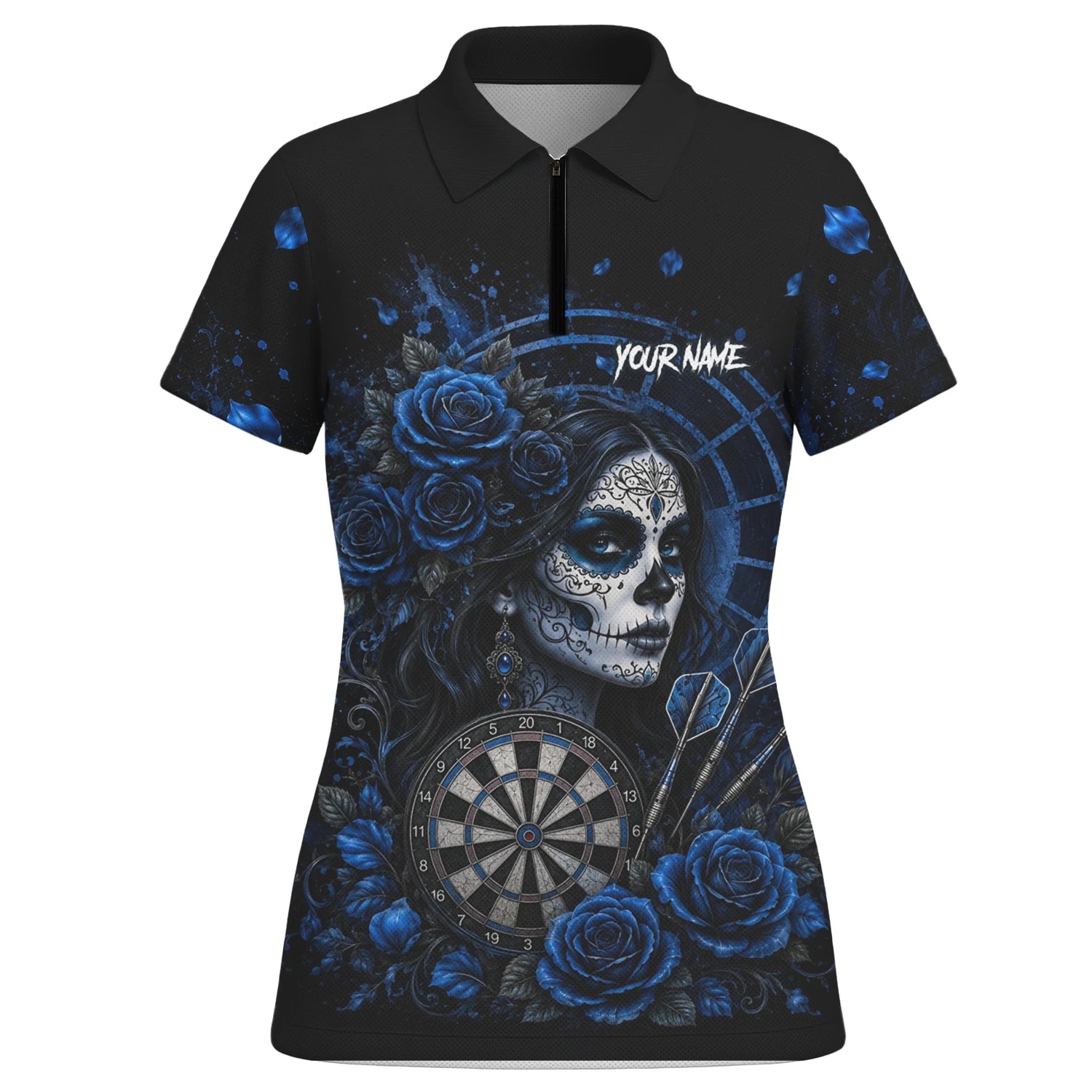 Personalisiertes Schwarz-blaues Sugar-Skull-Rosen-Dartshirt für Damen I884
