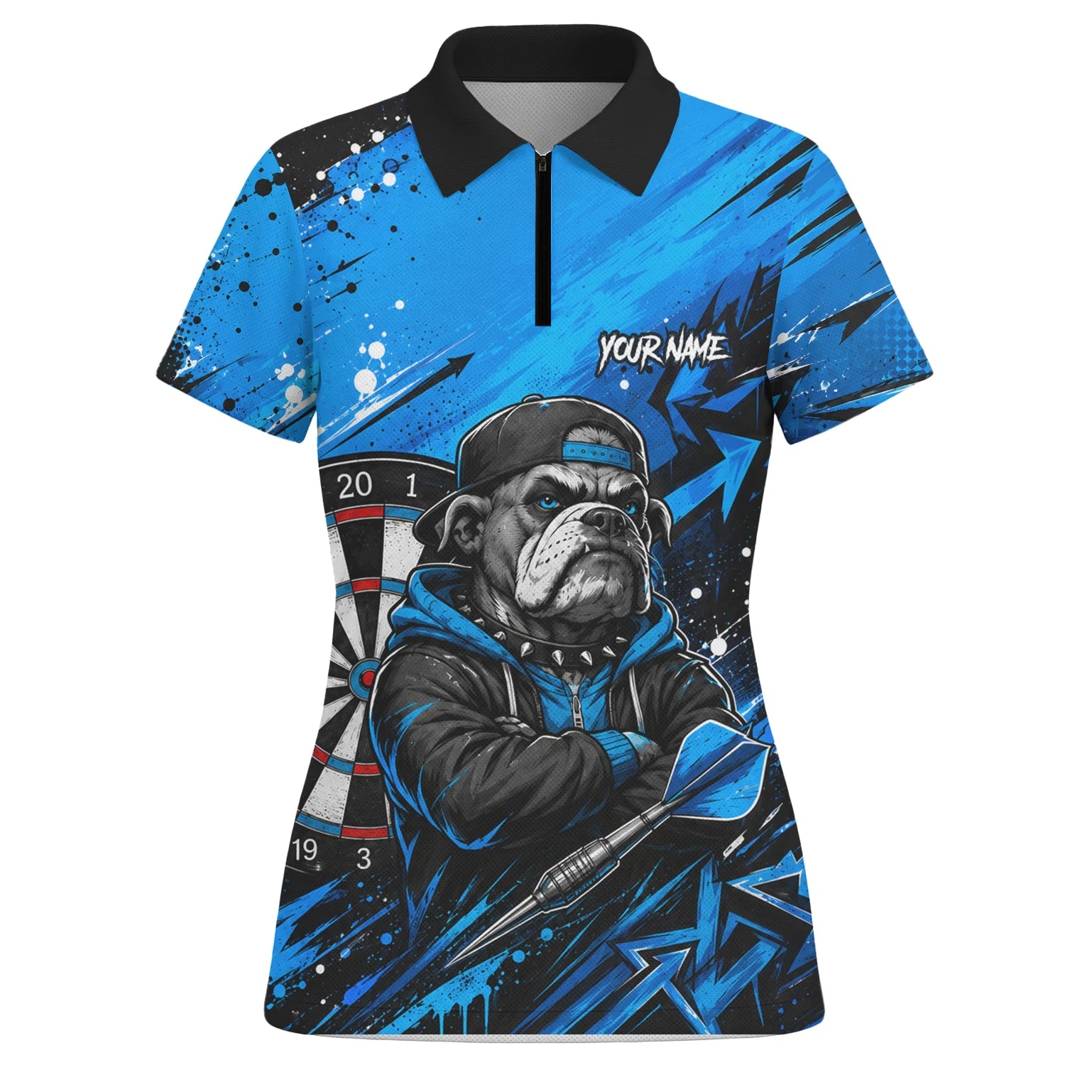 Personalisiertes Blau-schwarzes Bulldoggen-Dartshirt für Damen D529
