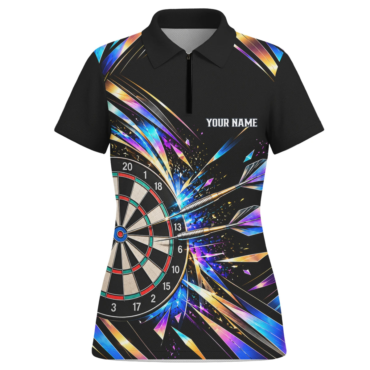 Personalisiertes Dartshirt in Schwarz mit bunten geometrischen Splittern und Dartscheibe für Damen L2897