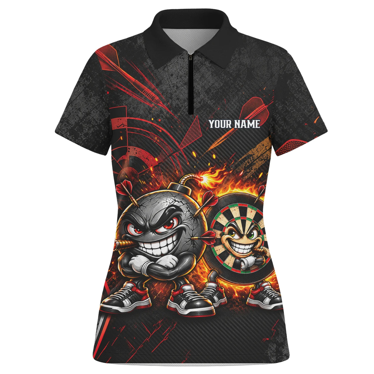 Personalisiertes Dartshirt mit schwarz-roter wütender Comic-Bombe und Dartscheibe für Damen C3423