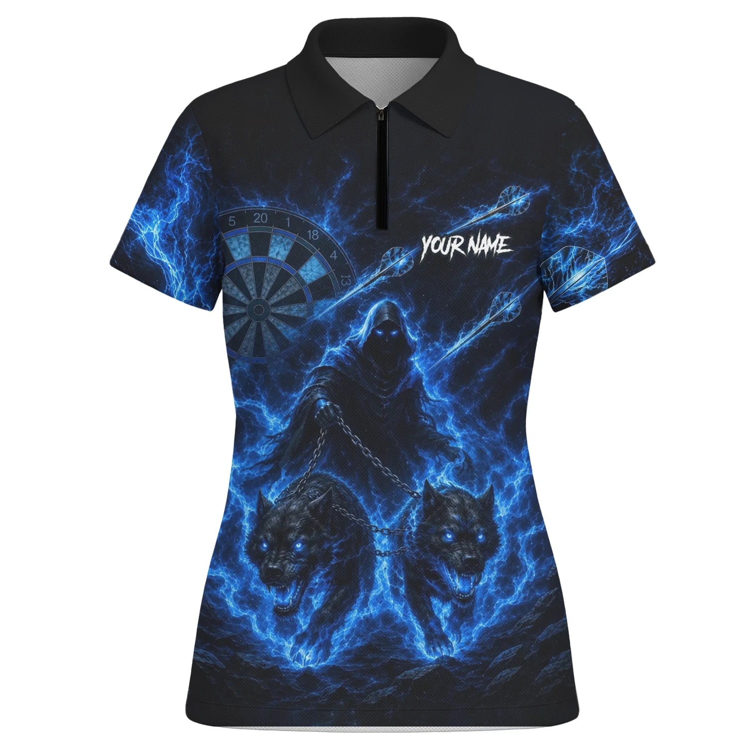 Personalisiertes Schwarz-blaues Sensenmann-und-Wölfe-Dartshirt für Damen X871