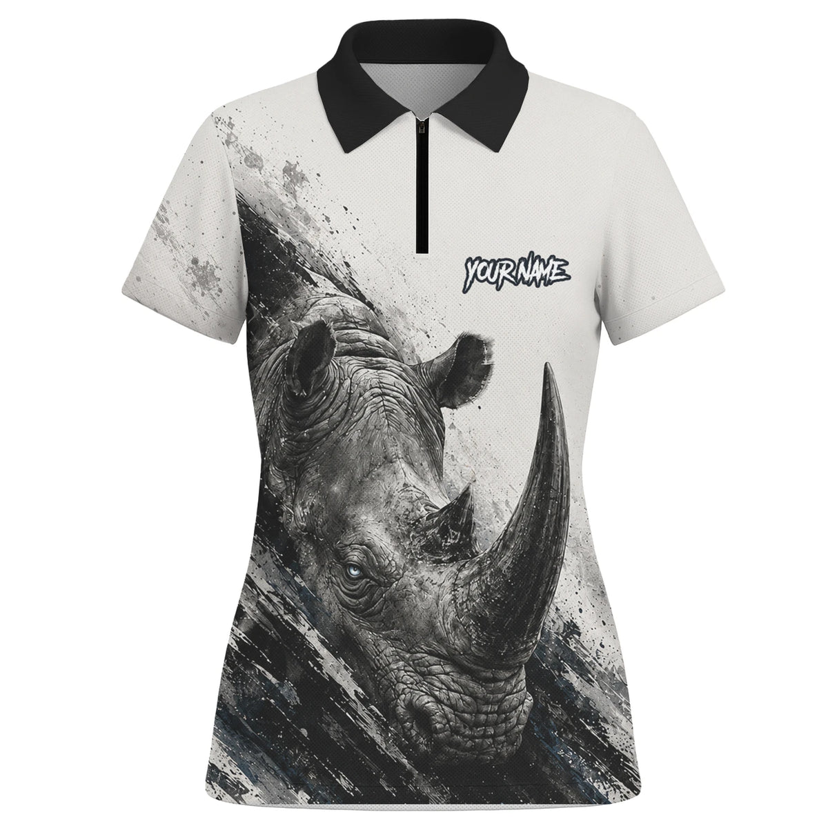 Personalisiertes Dartshirt mit weiß-schwarz-grauem Nashorn für Damen C312