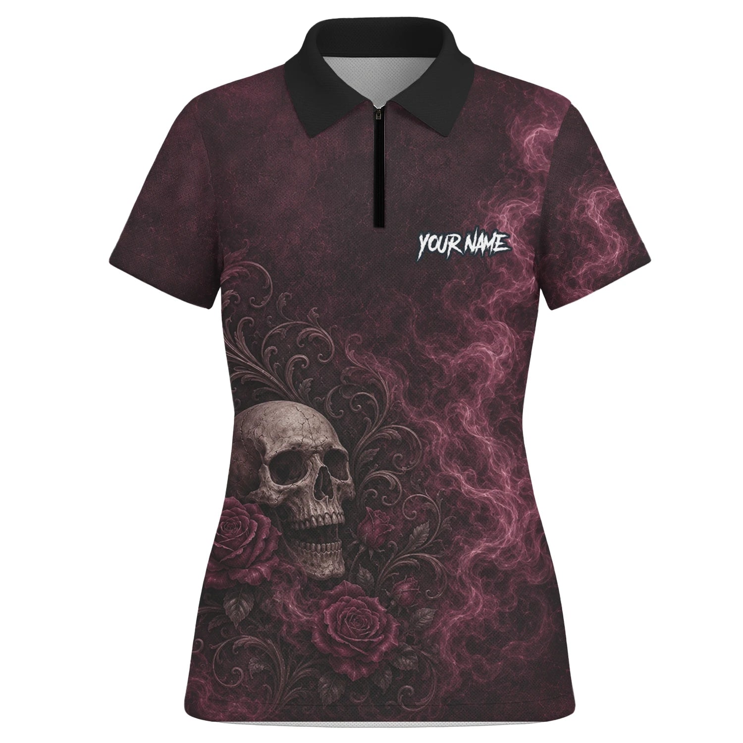 Personalisiertes Dunkelrot-schwarzes Totenkopf-Rosen-Dartshirt für Damen U786