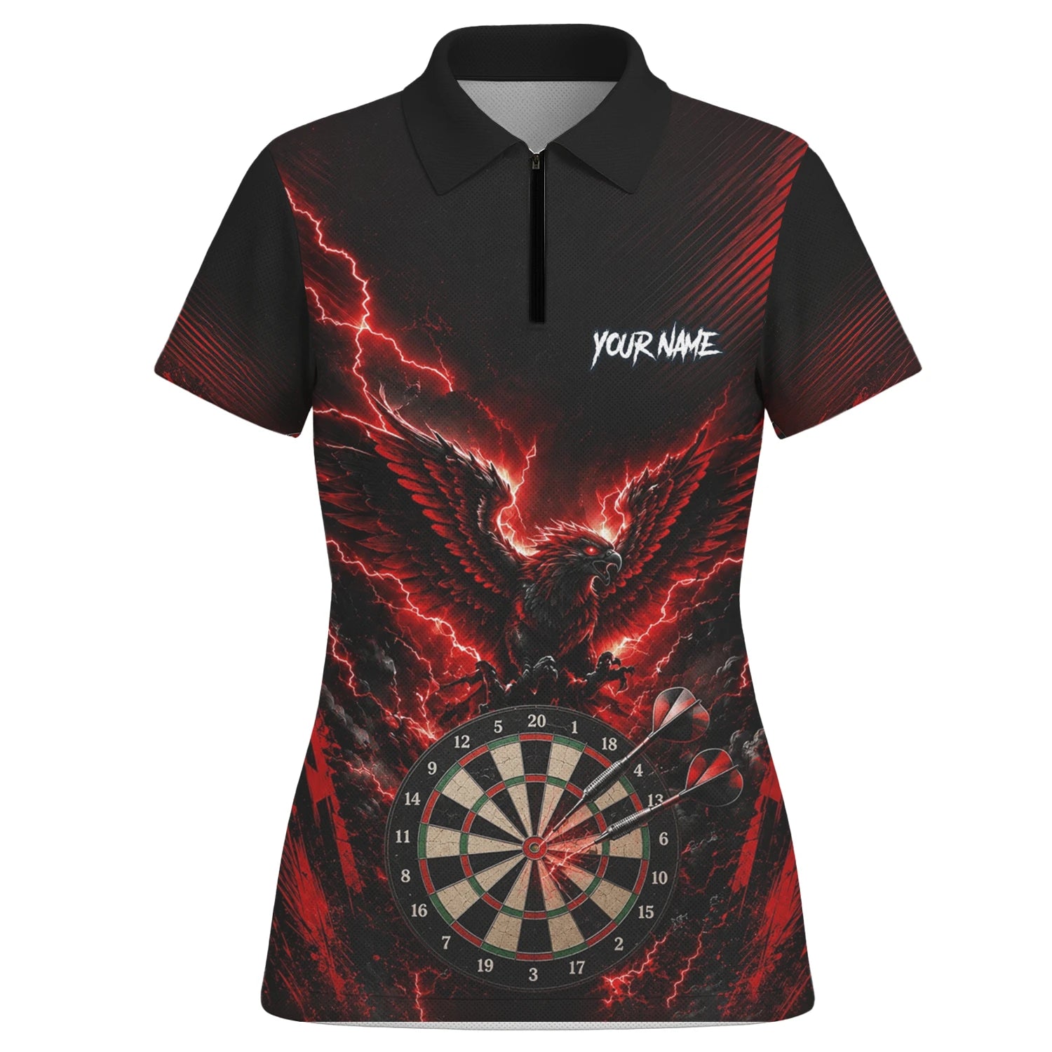 Personalisiertes Schwarz-rotes Phönix-Blitz-Dartboard Dartshirt für Damen J120