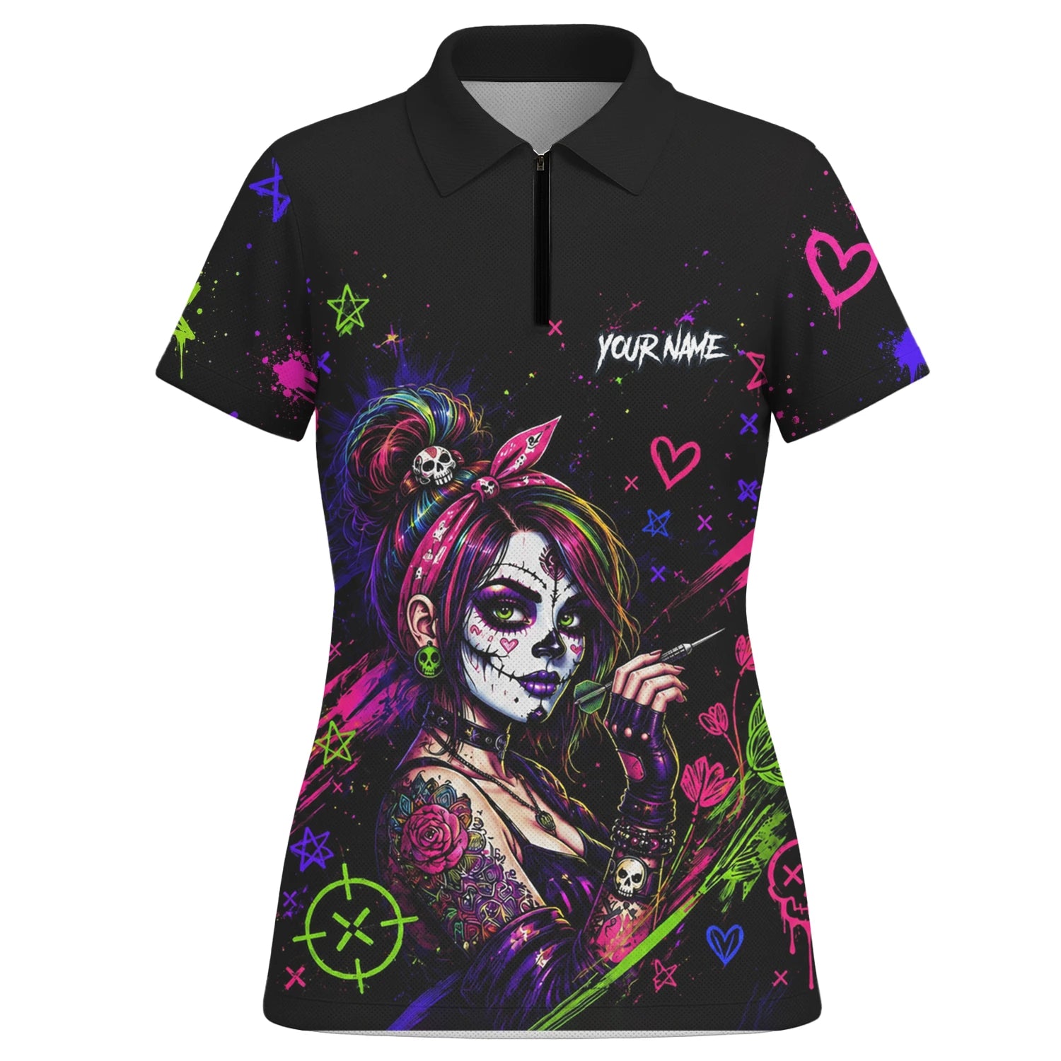 Personalisiertes Schwarz-neonfarbenes Sugar-Skull-Frauen-Dartshirt für Damen K745