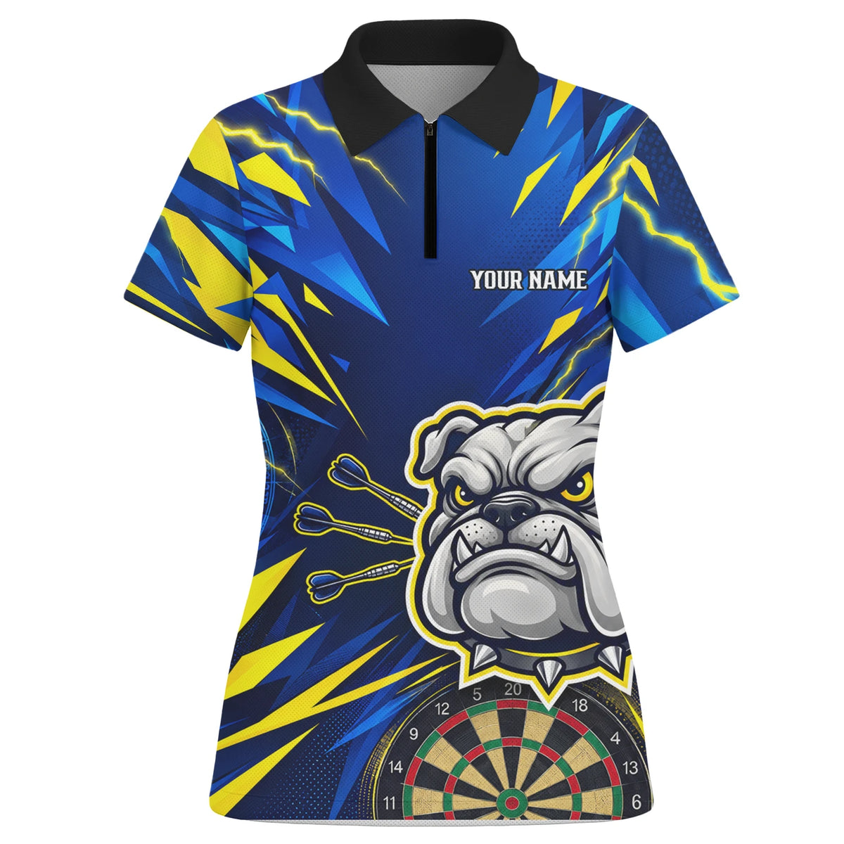 Personalisiertes Dartshirt in Blau und Gelb mit Bulldogge, Blitzen und Dartscheibe für Damen H1141