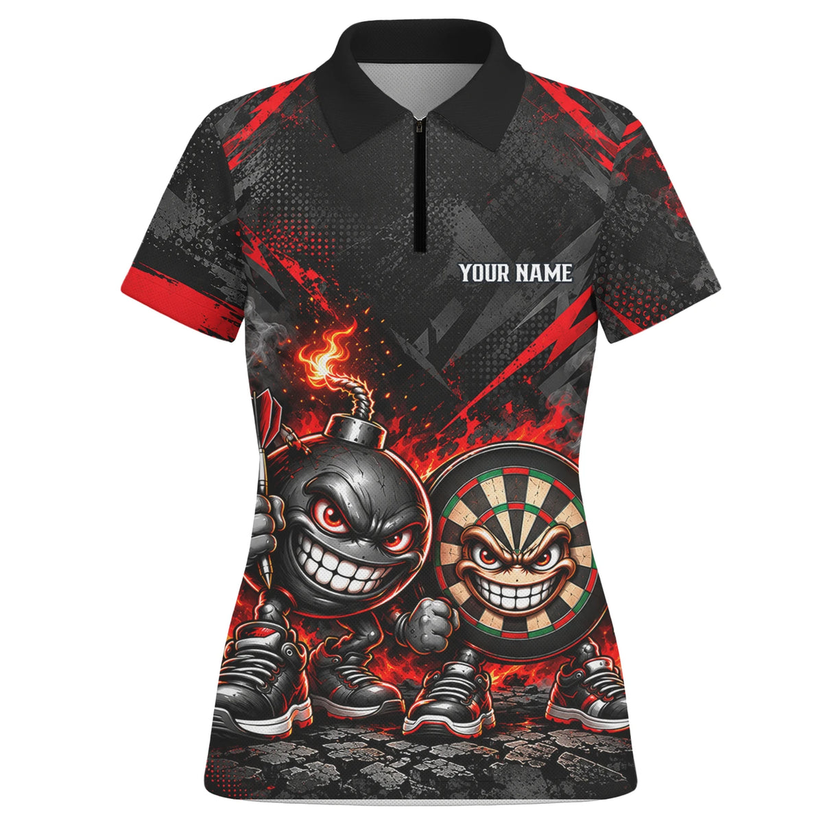 Personalisiertes Dartshirt in Schwarz und Rot mit feurigen Comic-Bomben und Dartscheibe für Damen U4656