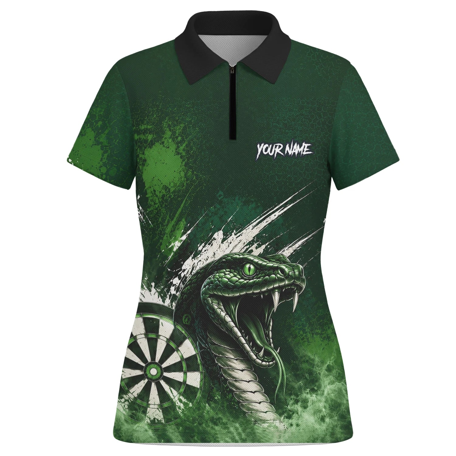 Personalisiertes Grün-schwarzes Kobra-Dartboard Dartshirt für Damen M244
