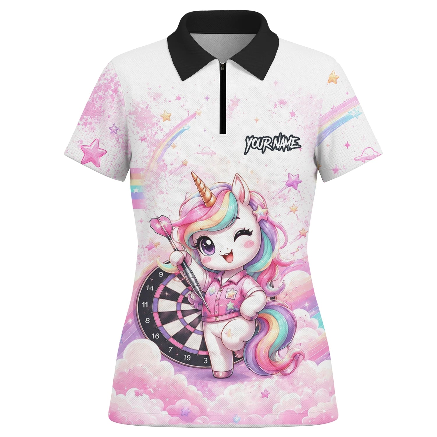 Personalisiertes Weiß-rosa Regenbogen-Einhorn-Dartshirt für Damen F188