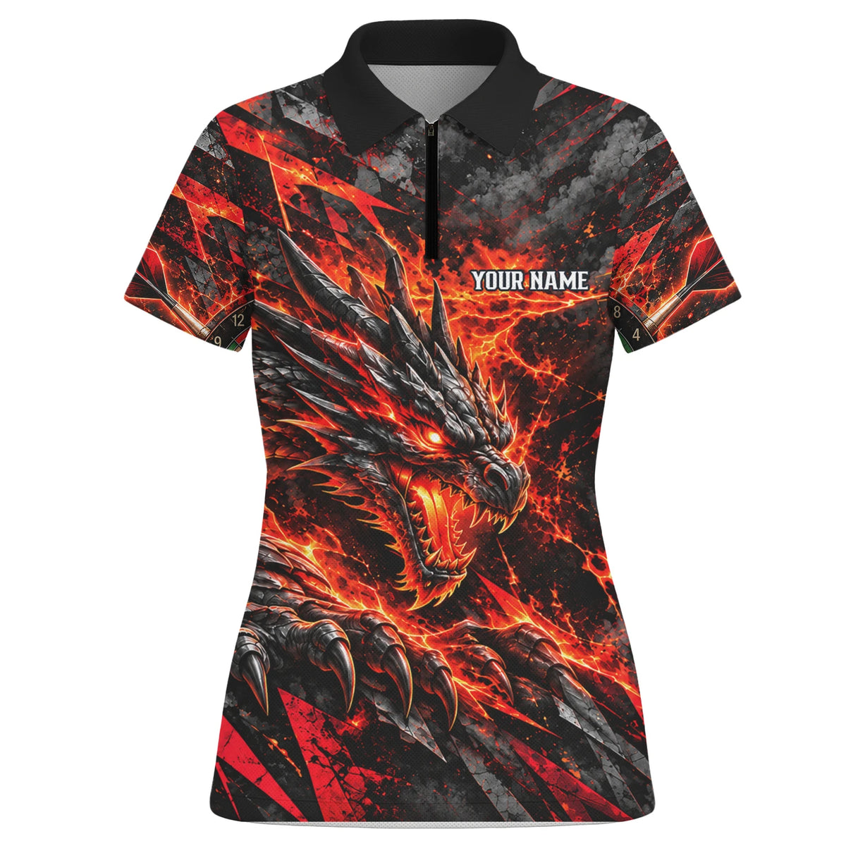 Personalisiertes Dartshirt mit schwarz-rotem Feuerdrachen und Dartscheibe für Damen B0683