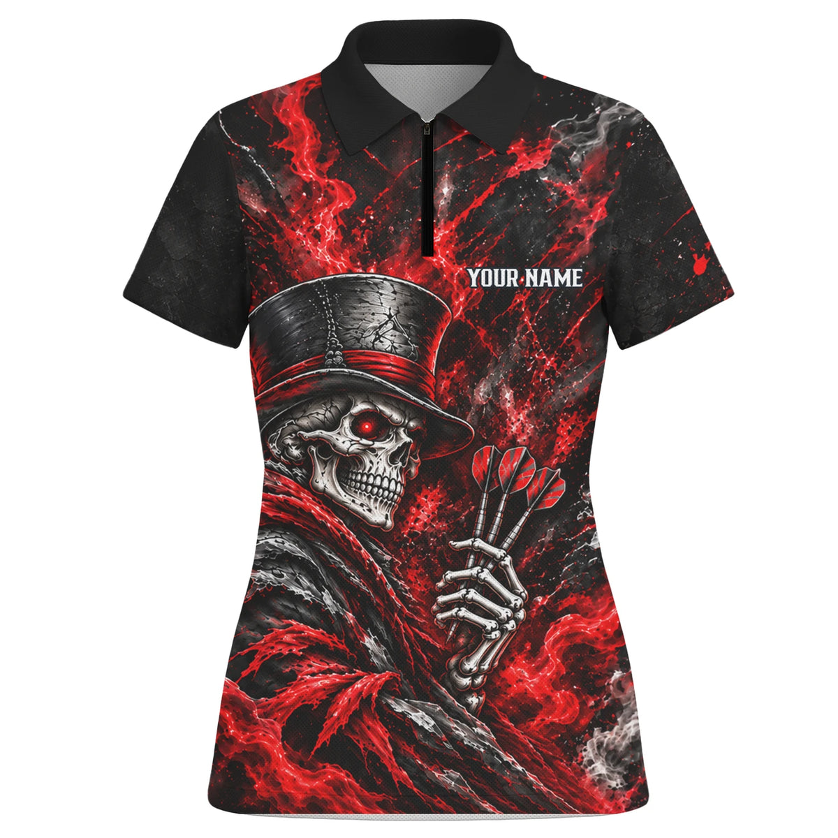 Personalisiertes Dartshirt in Schwarz und Rot mit Skelett, Zylinder, Dartpfeilen und Dartscheibe für Damen R5016
