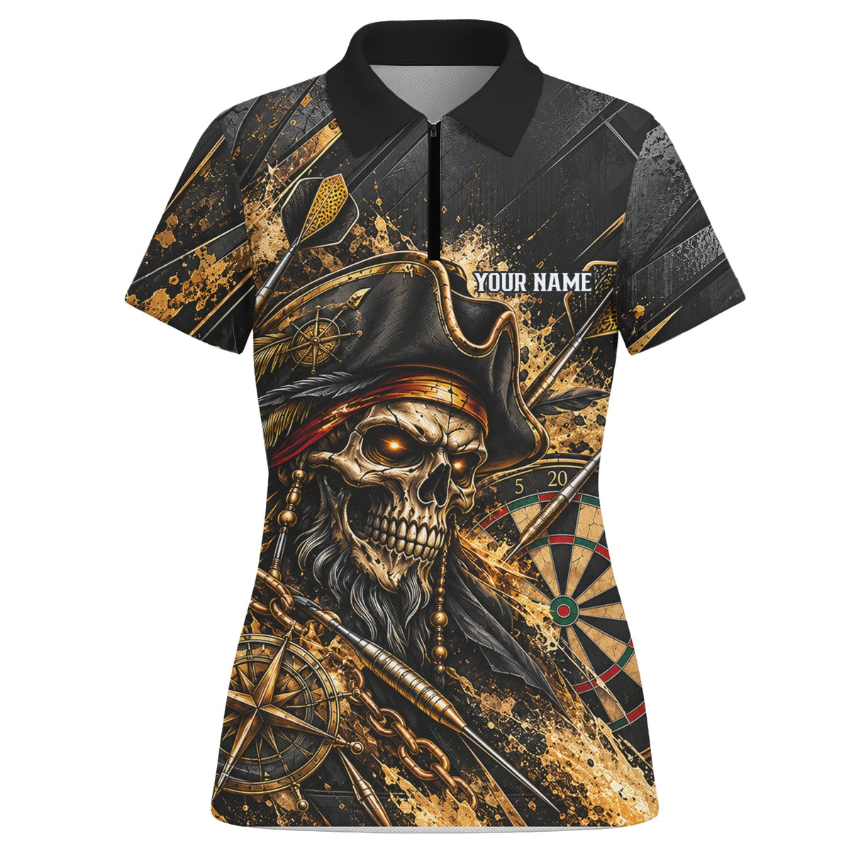 Personalisiertes Dartshirt in Schwarz und Gold mit Piraten-Totenkopf und Dartscheibe für Damen X7403