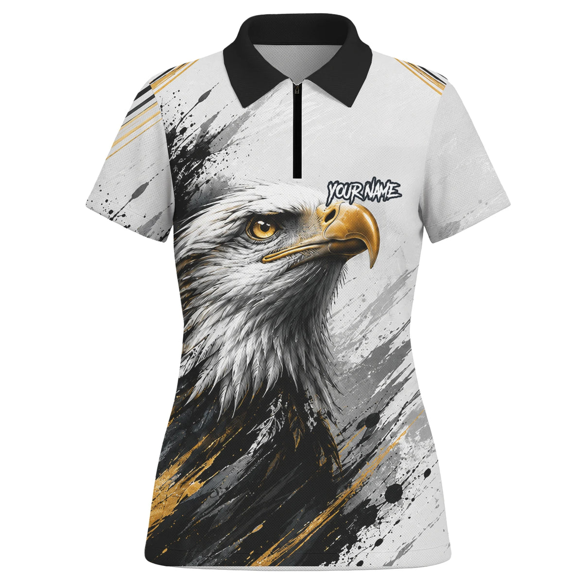 Personalisiertes Dartshirt mit weiß-schwarz-goldenem Weißkopfseeadler für Damen S805