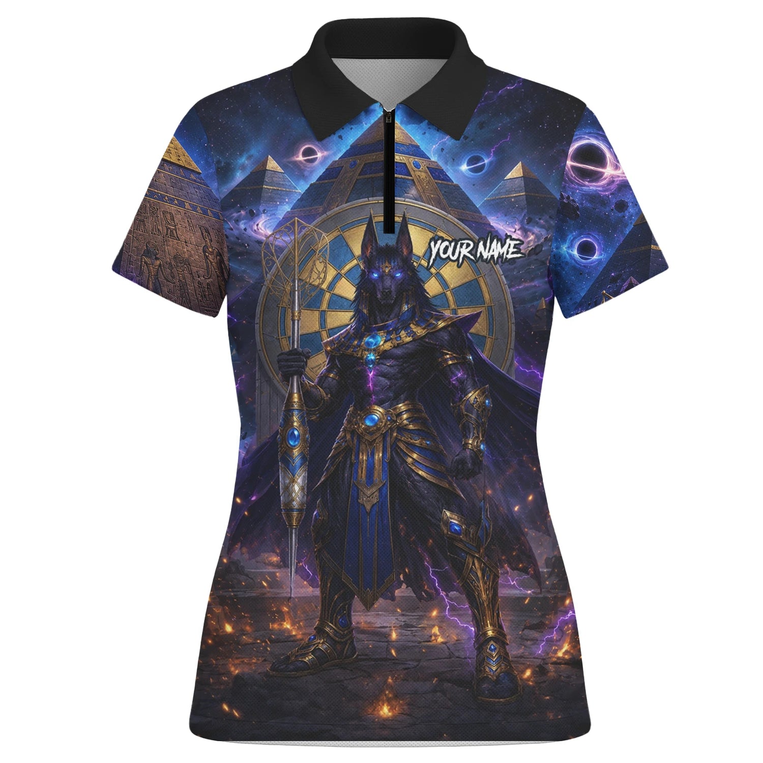 Personalisiertes Blau-gold-schwarzes Anubis-Dartshirt für Damen N118