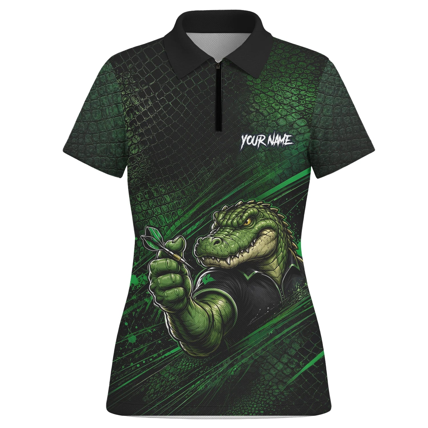 Personalisiertes Grün-schwarzes Alligator-Dartspieler-Dartshirt für Damen I987