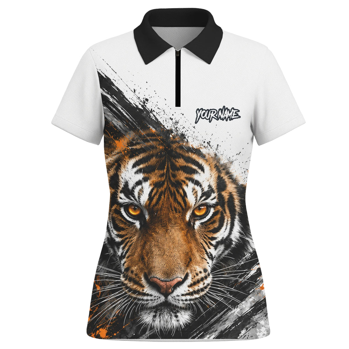 Personalisiertes Dartshirt mit weiß-schwarz-orangenem Tiger für Damen N832