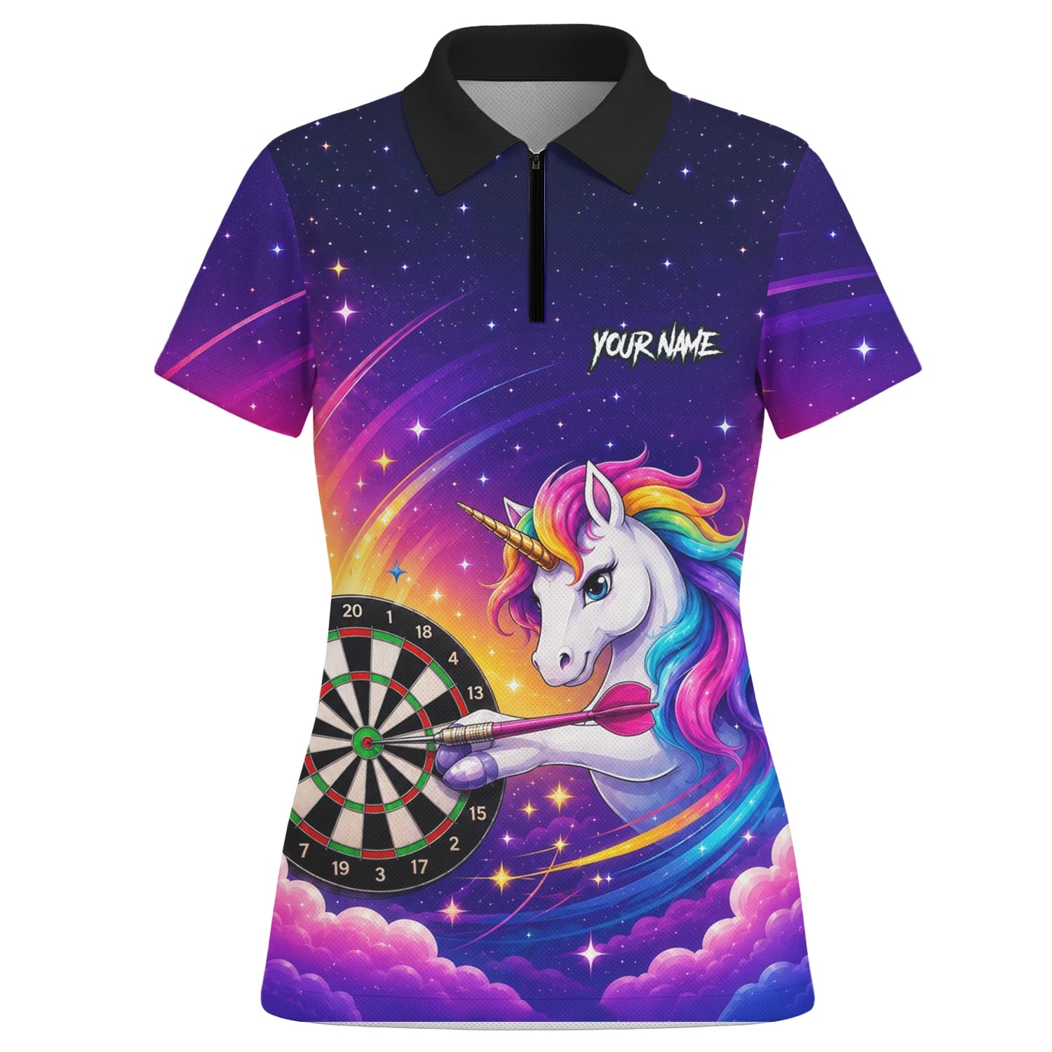 Personalisiertes Violettes Regenbogen-Einhorn-Dartshirt für Damen P431