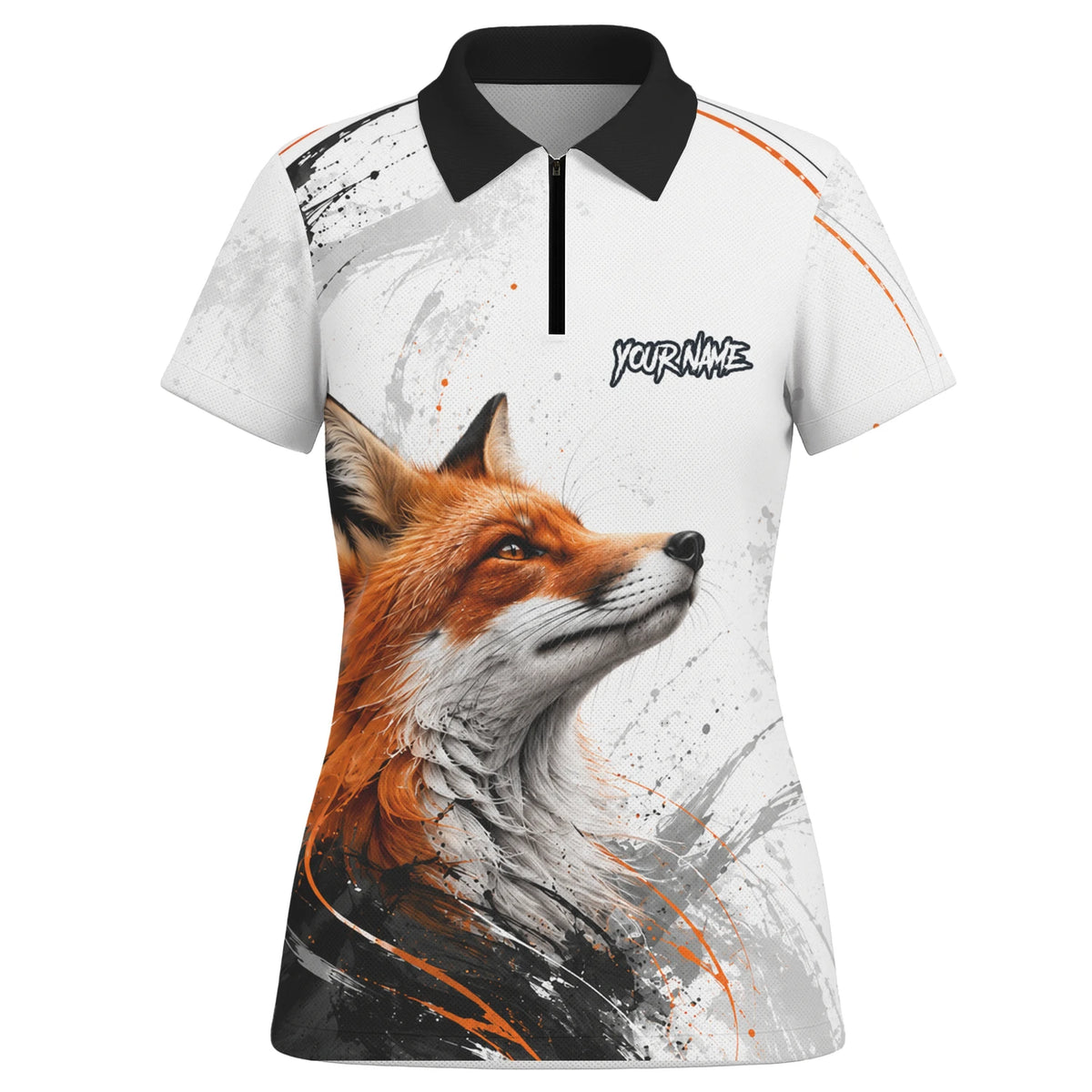Personalisiertes Dartshirt mit weiß-schwarz-orangenem Fuchs für Damen D228