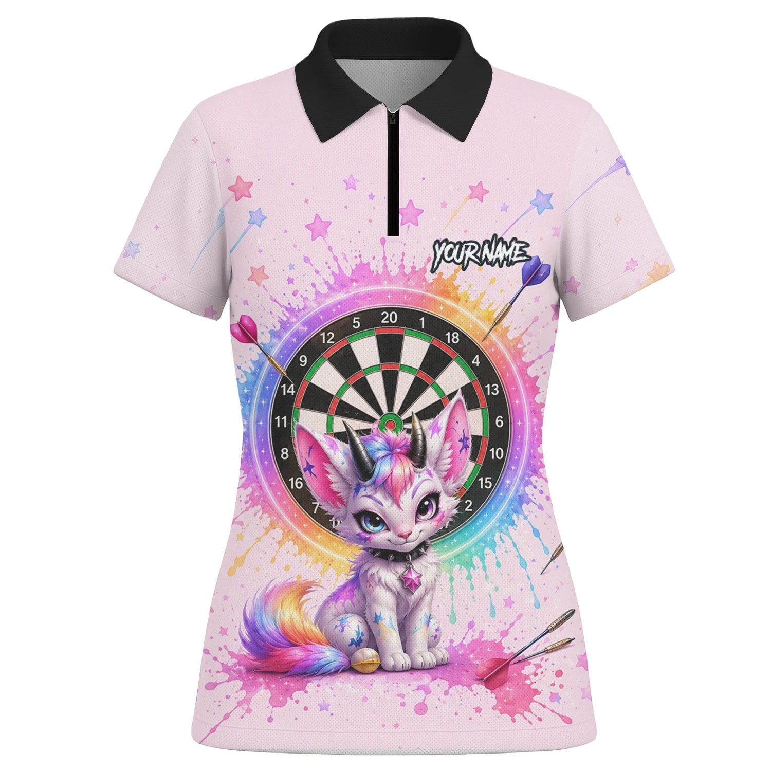 Personalisiertes Rosa Regenbogen Einhorn-Katzen-Dartshirt für Damen X398