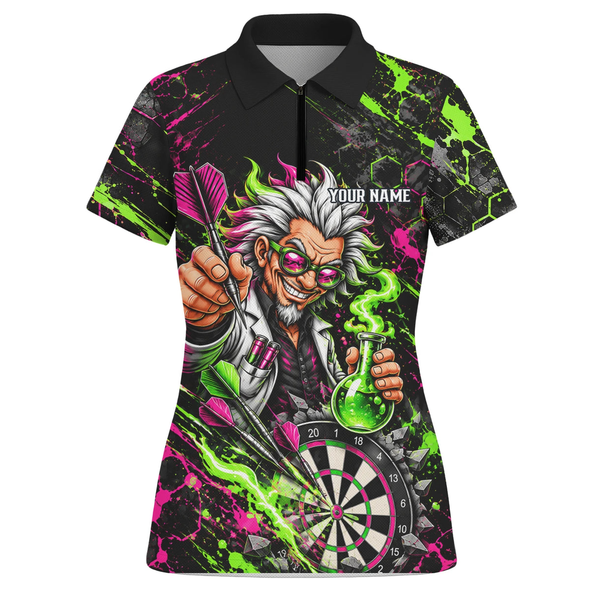 Personalisiertes Dartshirt in Schwarz, Grün und Pink mit verrücktem Wissenschaftler und Dartscheibe für Damen F9179