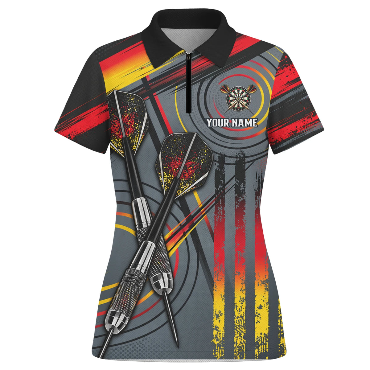 Personalisiertes Dartshirt in Grau, Schwarz, Rot und Gelb mit Dartpfeilen und Dartscheibe für Damen E2718