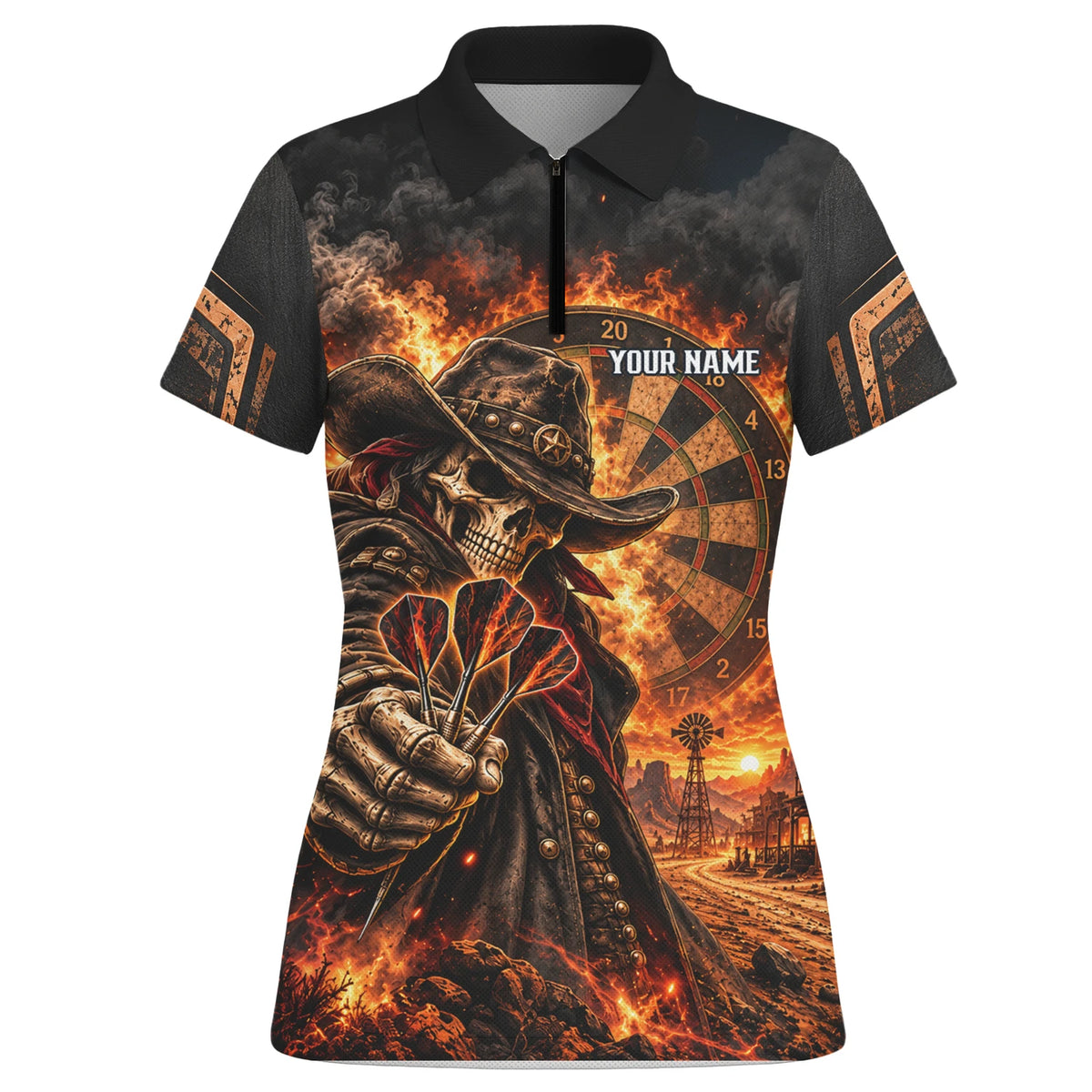 Personalisiertes Dartshirt in Schwarz und Orange mit Cowboy-Totenkopf, Flammen und Dartscheibe für Damen G9772