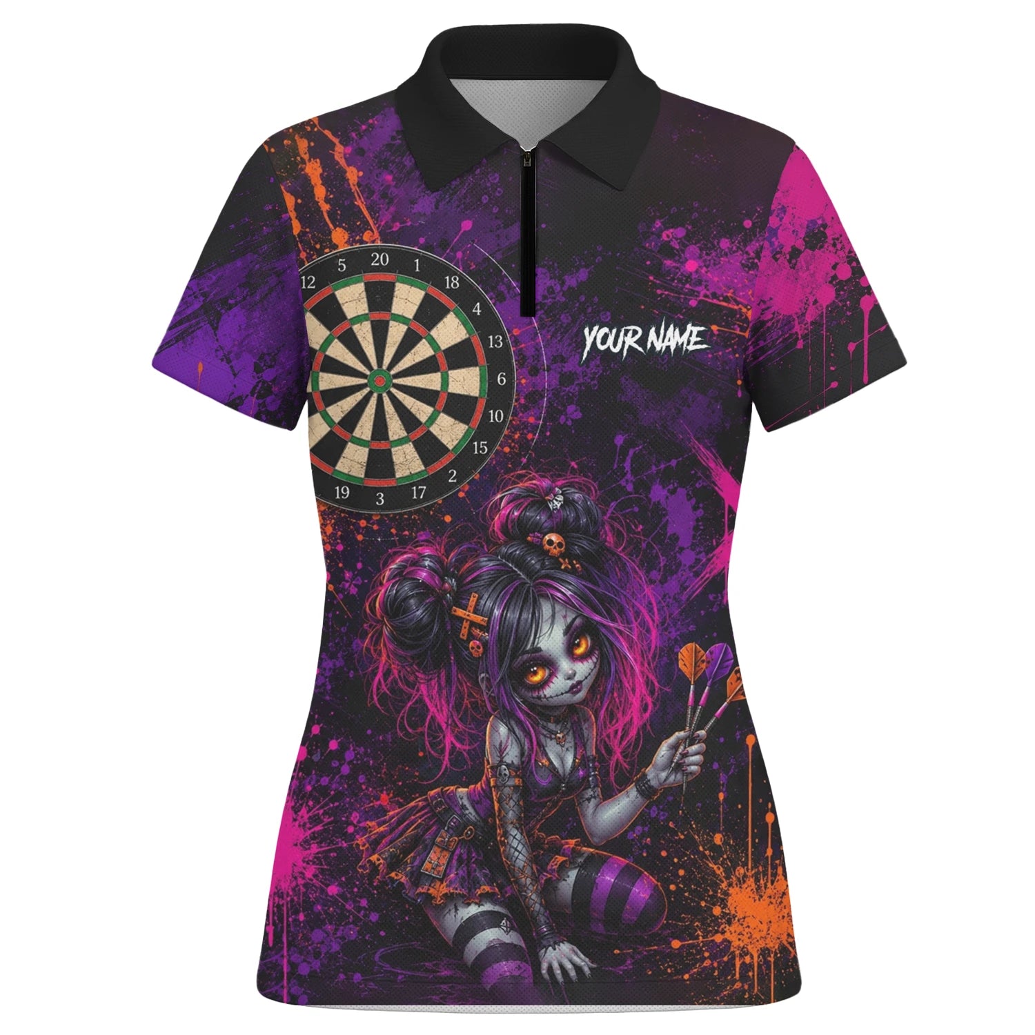 Personalisiertes Schwarz-lila-pink-oranges Gothic-Dartshirt für Damen Z641